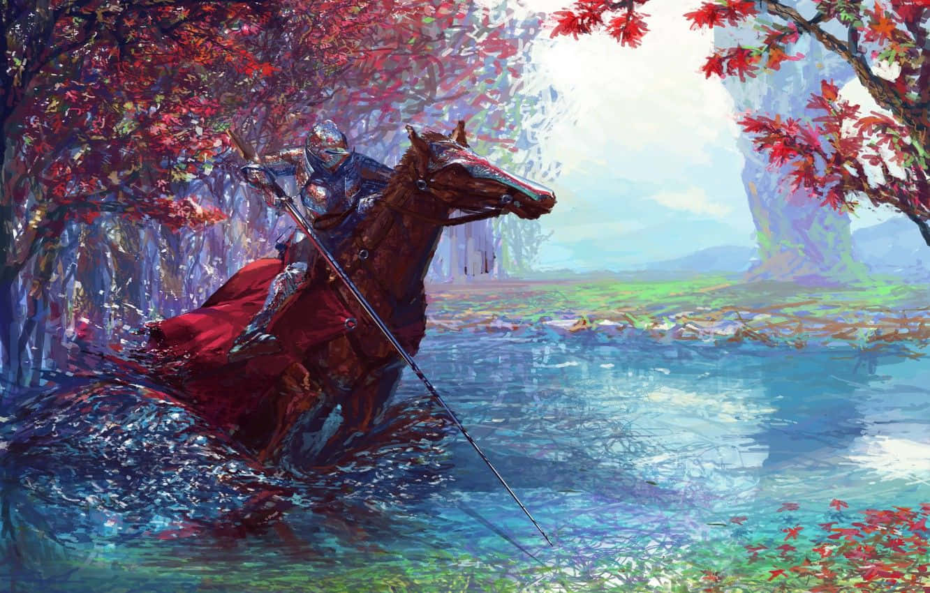 騎士騎馬涉水穿過紅秋樹下的河流。