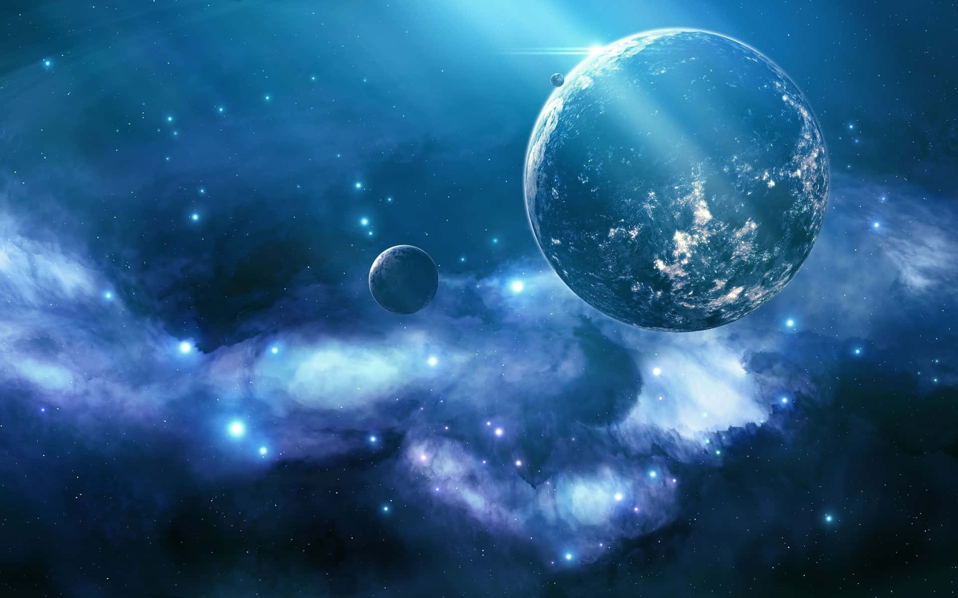 一顆藍色行星和衛星，位於星光閃爍的宇宙星雲中，帶有發光的雲層。