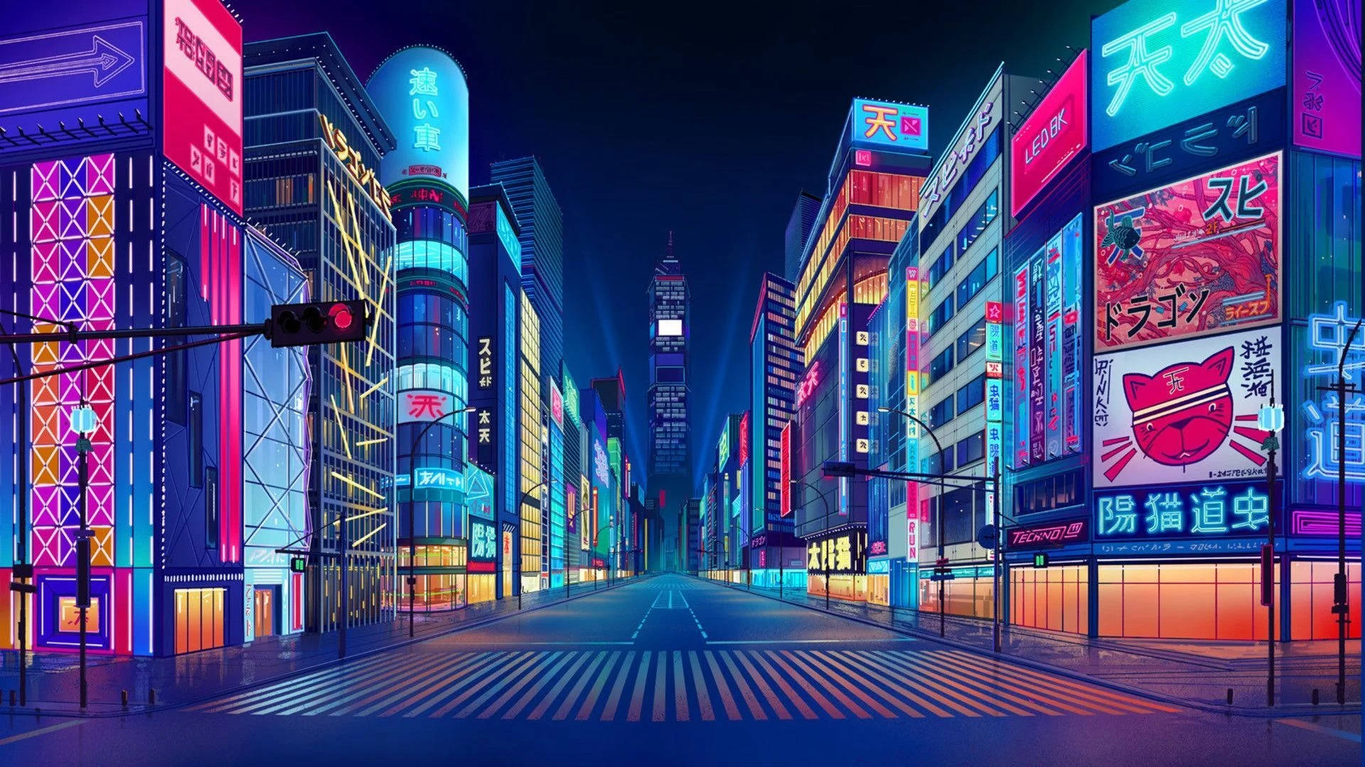 夜晚東京的霓虹燈街道，閃爍的招牌和空蕩的道路。