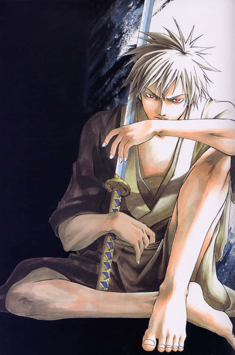 紅眼動漫武士戰士在黑暗環境中手持武士刀。