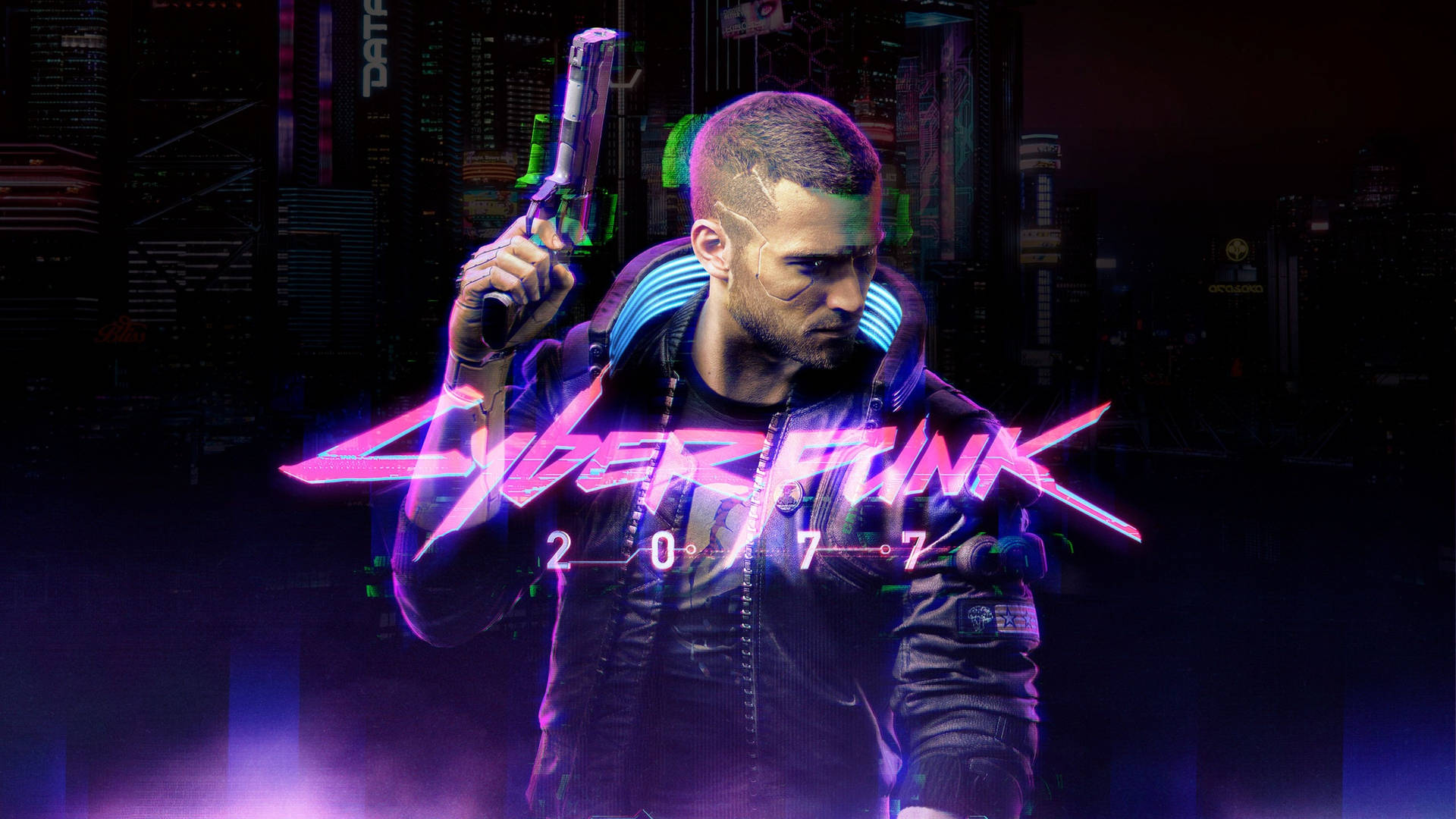 Cyberpunk 2077 主角在夜晚的霓虹城市中握著一把發光的手槍。