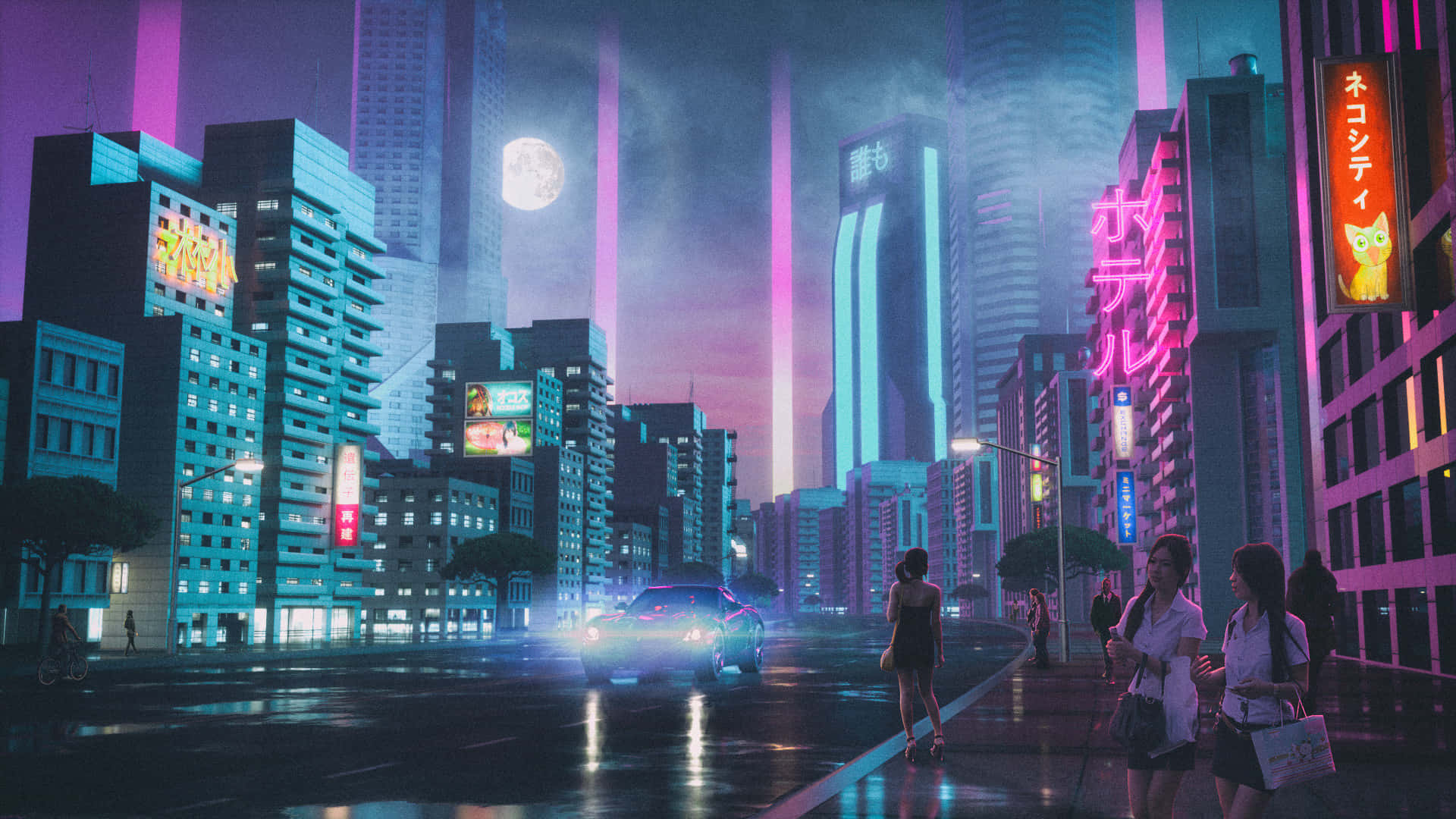 滿月下霓虹燈照亮未來主義城市街道，有發光招牌和行人。