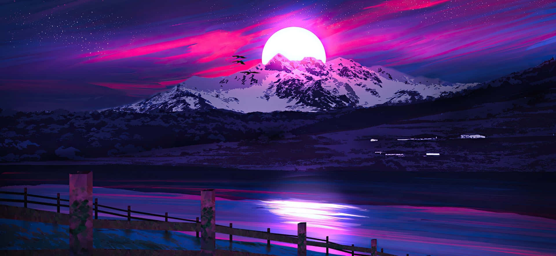 一輪發光的粉紅月亮在雪山上空，映照在夜晚平靜的湖面上。