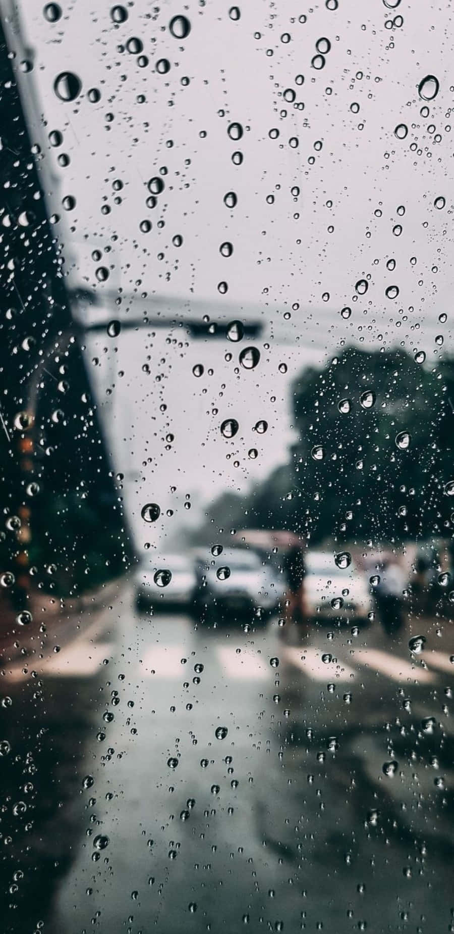 車窗上的雨滴，後面模糊的街道和汽車可見。