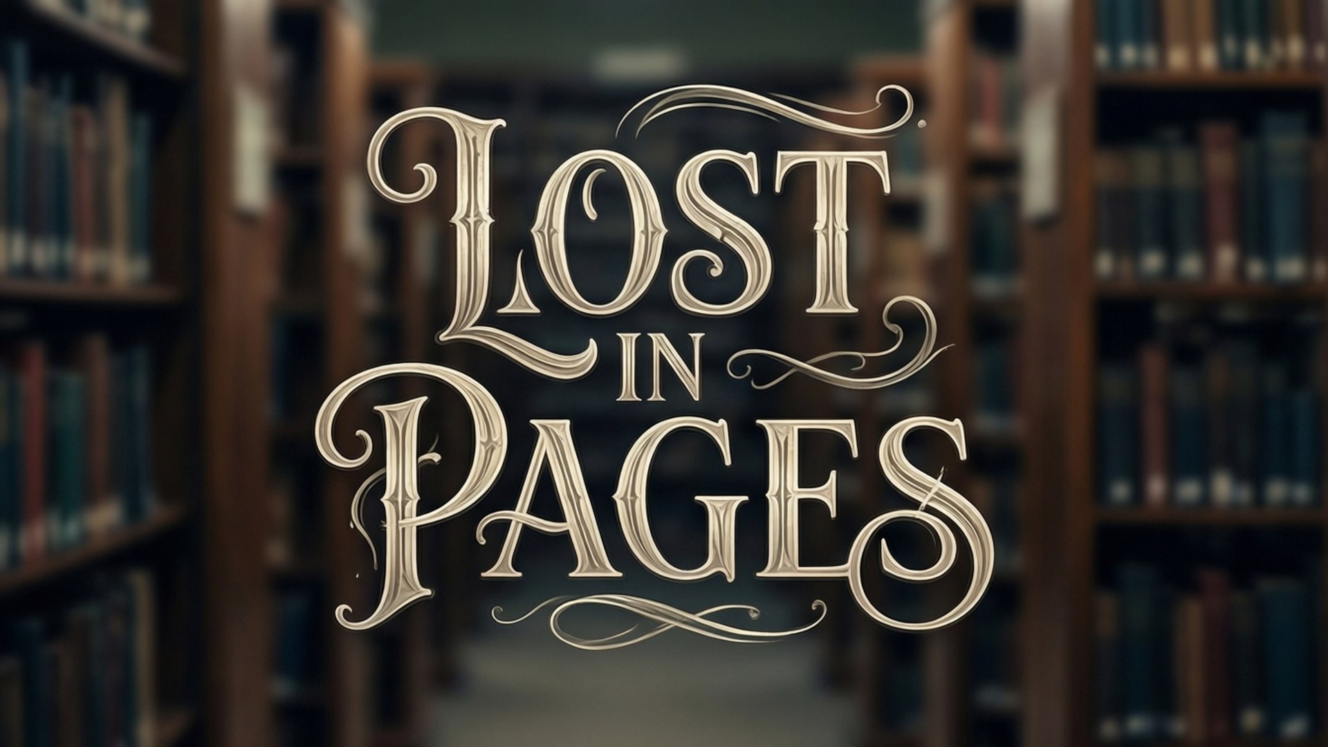 迷失書頁字體設計 壁紙 — 優雅的金色字體寫著「Lost in Pages」，漂浮在模糊的圖書館走廊上，兩旁是木製書架。