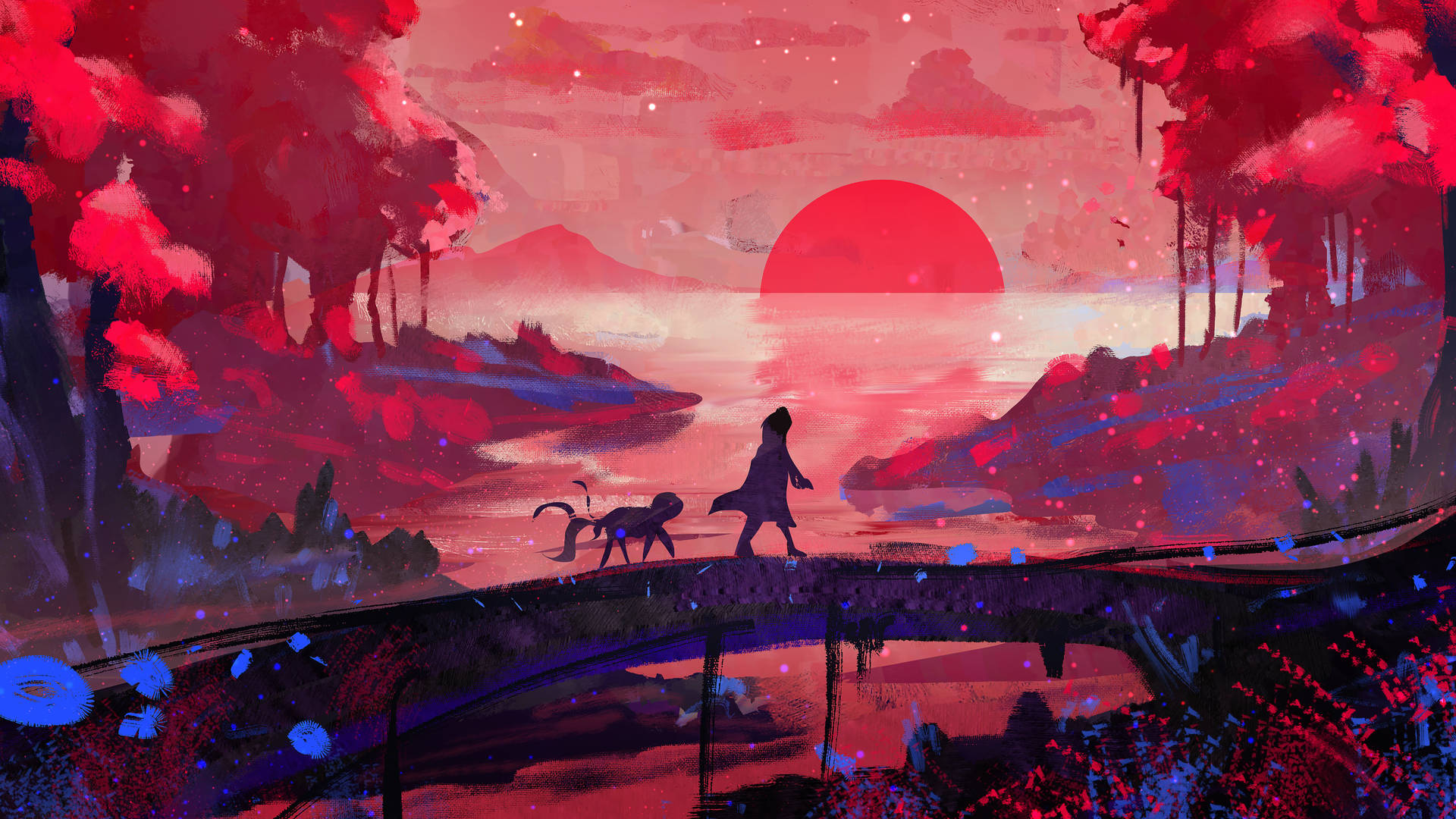 日落時分，一個人和一隻貓在紅樹和星星的背景下過橋的剪影。