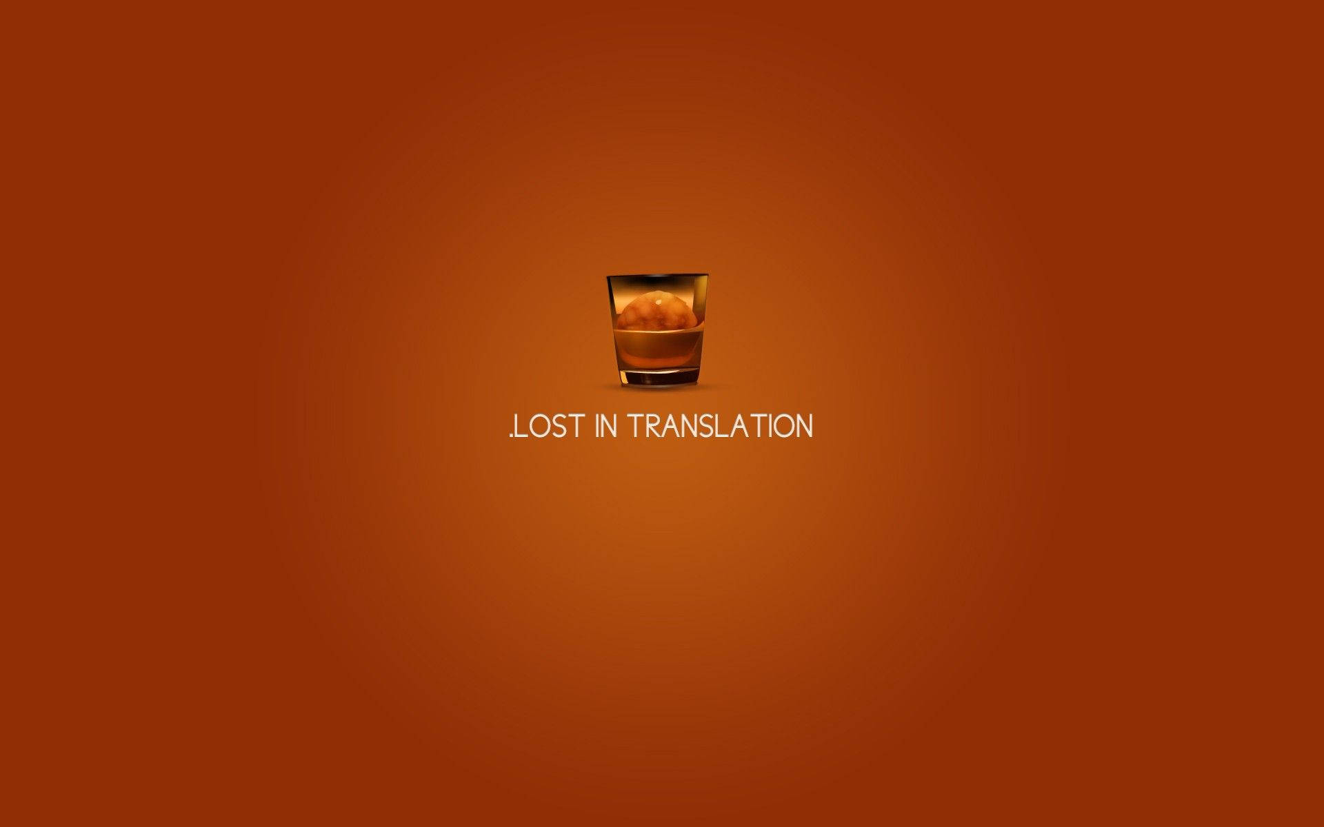 橙色漸變背景上一個裝有冰塊的威士忌酒杯和 lost in translation 文字。