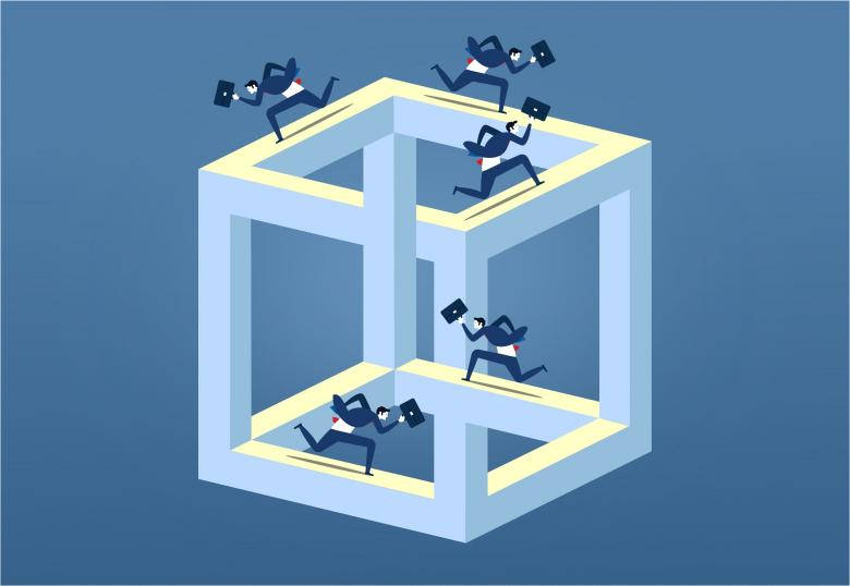 商人們在3D立方體幻覺上奔跑的插圖，帶著公事包。