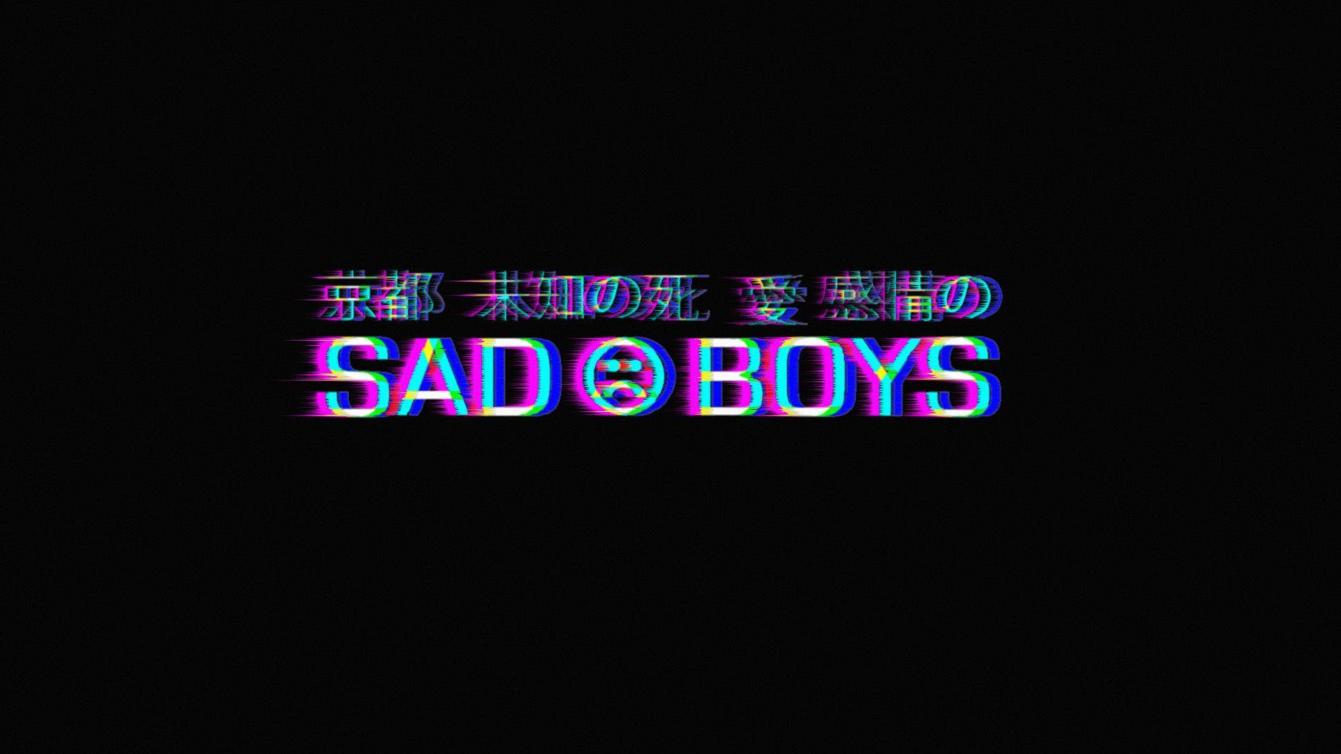 故障彩虹文字顯示「SAD BOYS」，上方有日文，在黑色背景上。