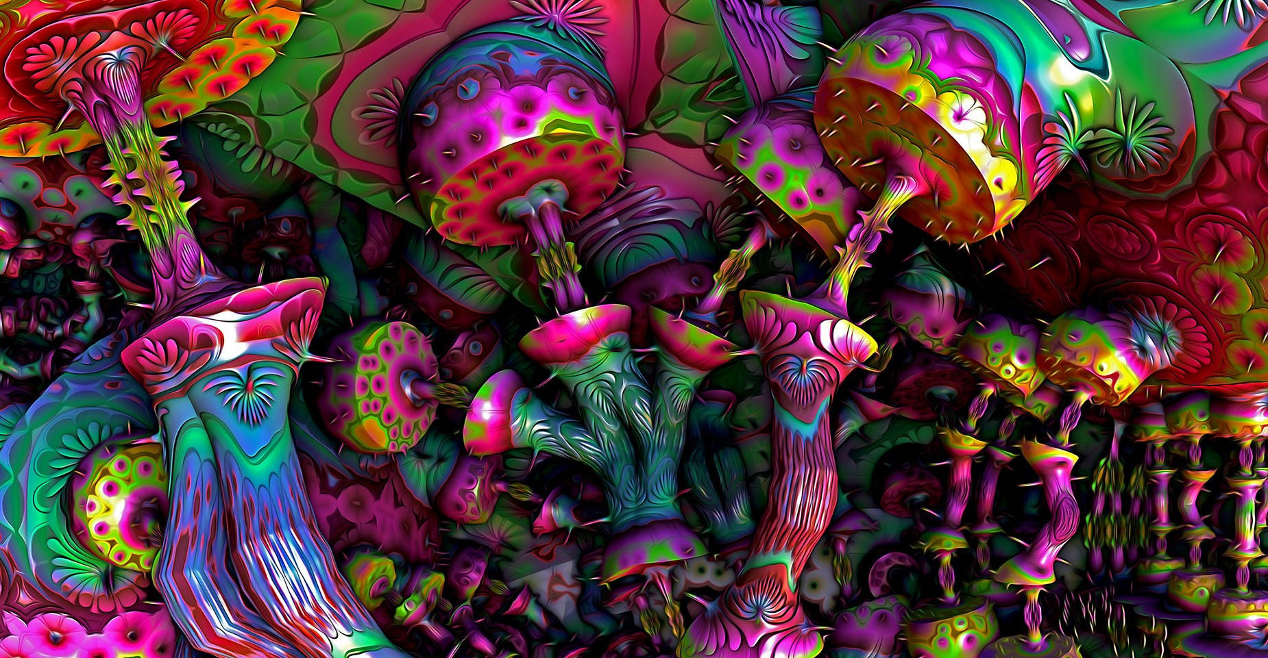 超現實數位藝術作品，描繪發光的迷幻蘑菇在充滿活力的幻想森林中。