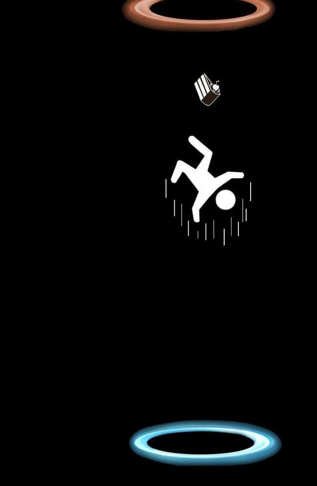 迷幻Pixel 3《傳送門2》遊戲壁紙 壁紙 — 一個極簡風格的白色火柴人喺黑色背景上，喺發光圓環之間跌落，上面有一個漂浮嘅盒子。