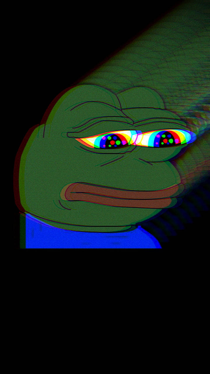 綠色卡通青蛙，擁有發光的彩虹眼睛，看起來很疲憊。