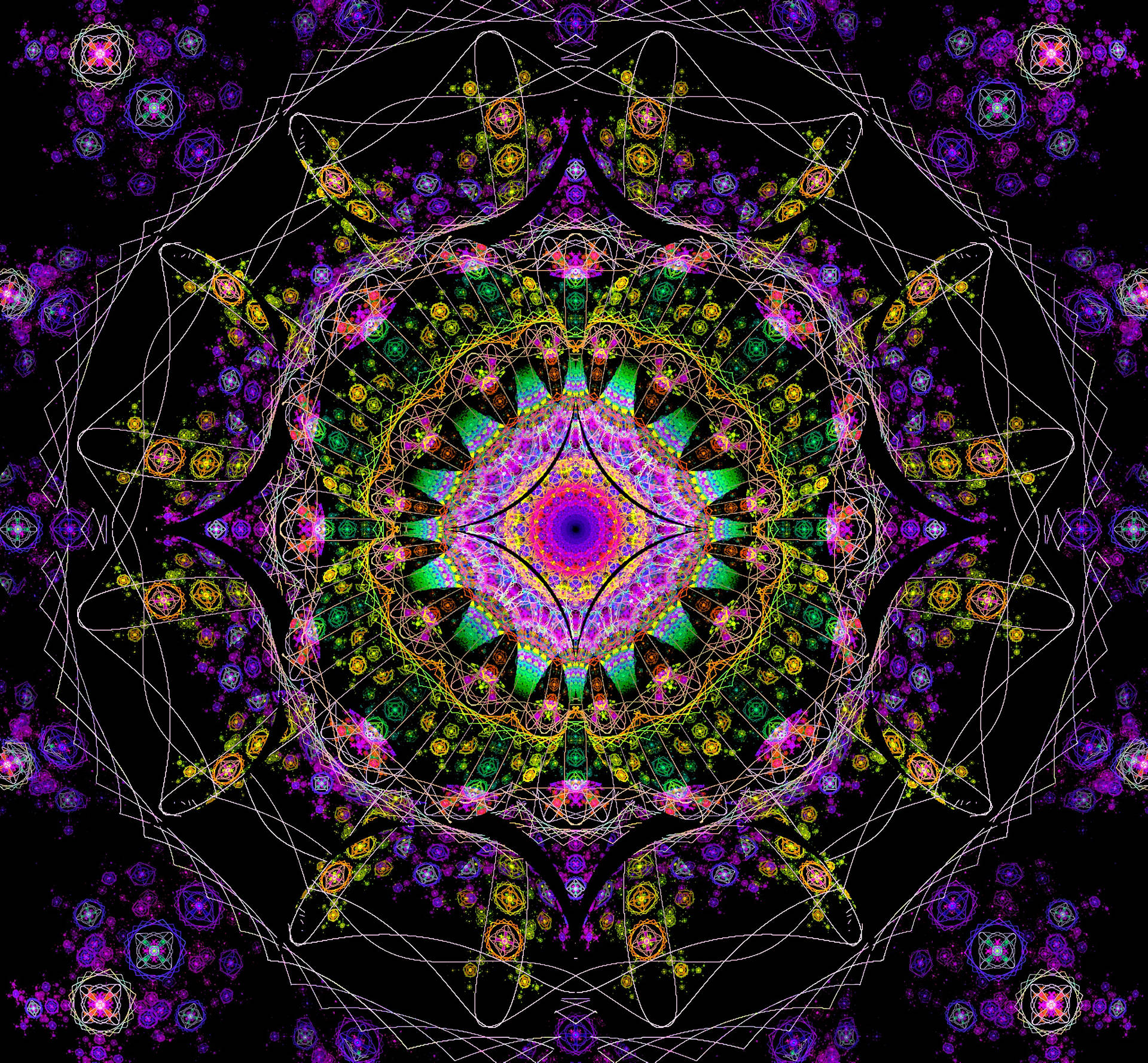黑色背景上帶有幾何圖案的鮮豔霓虹曼陀羅