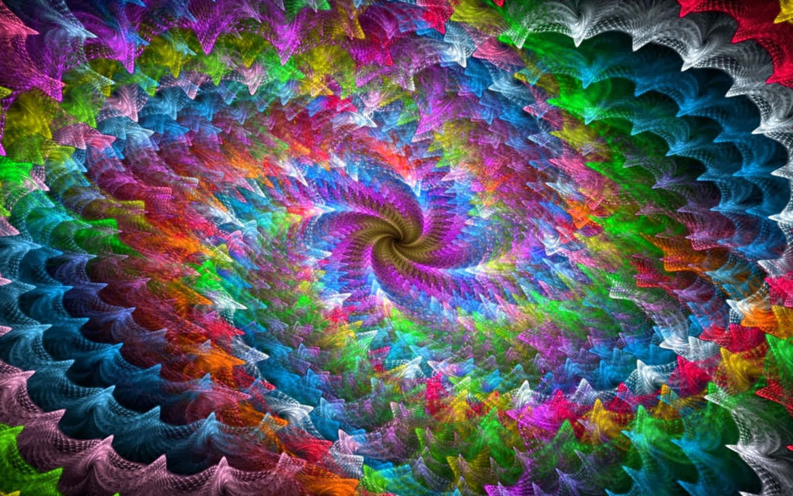 迷幻多彩圖案 壁紙 — 一個迷人的分形圖案螺旋，以萬花筒般的鮮豔彩虹色向外輻射。
