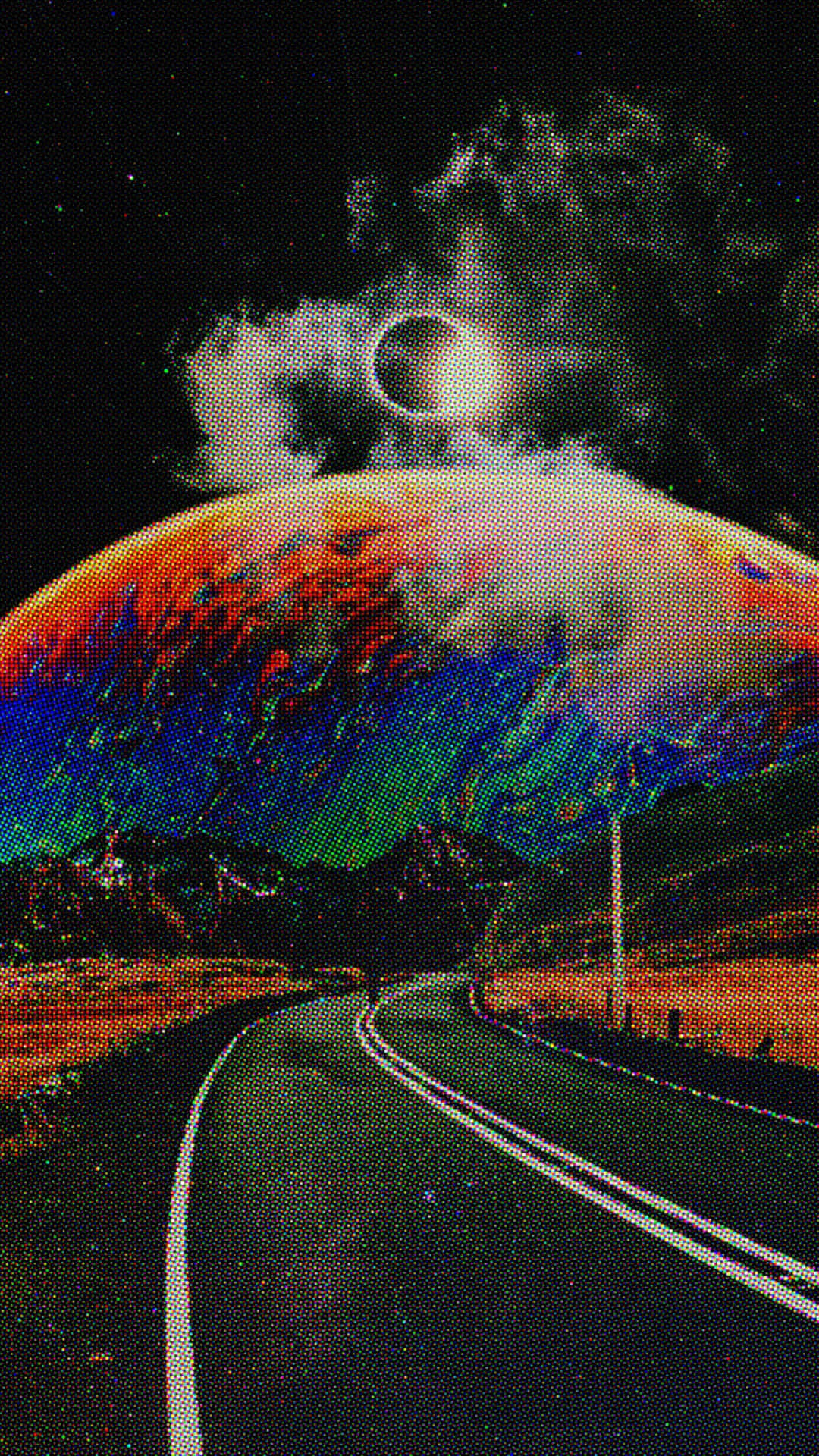 在宇宙夜景中，一條道路通向彎月下色彩繽紛的行星。