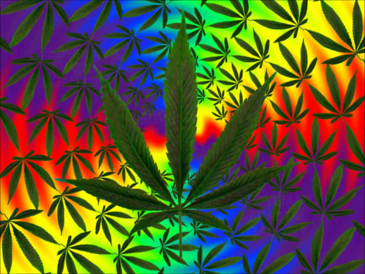 迷幻彩虹背景，帶有重複的大麻葉圖案和中央葉片。