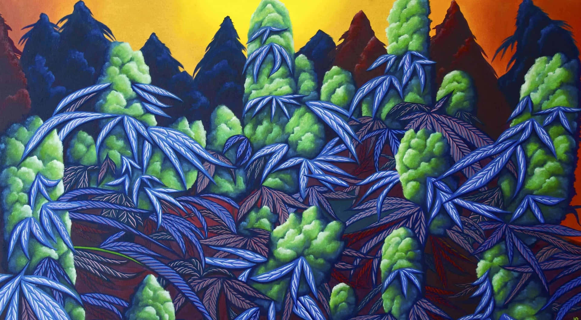 風格化的大麻植物，藍色葉子和綠色花蕾，映襯著火熱的日落山景背景。