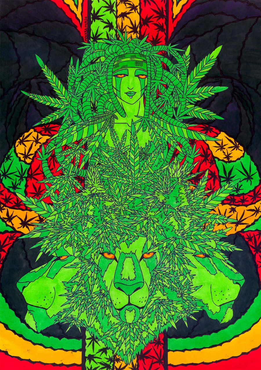 迷幻藝術中裝飾著大麻葉的綠色獅子和女性。