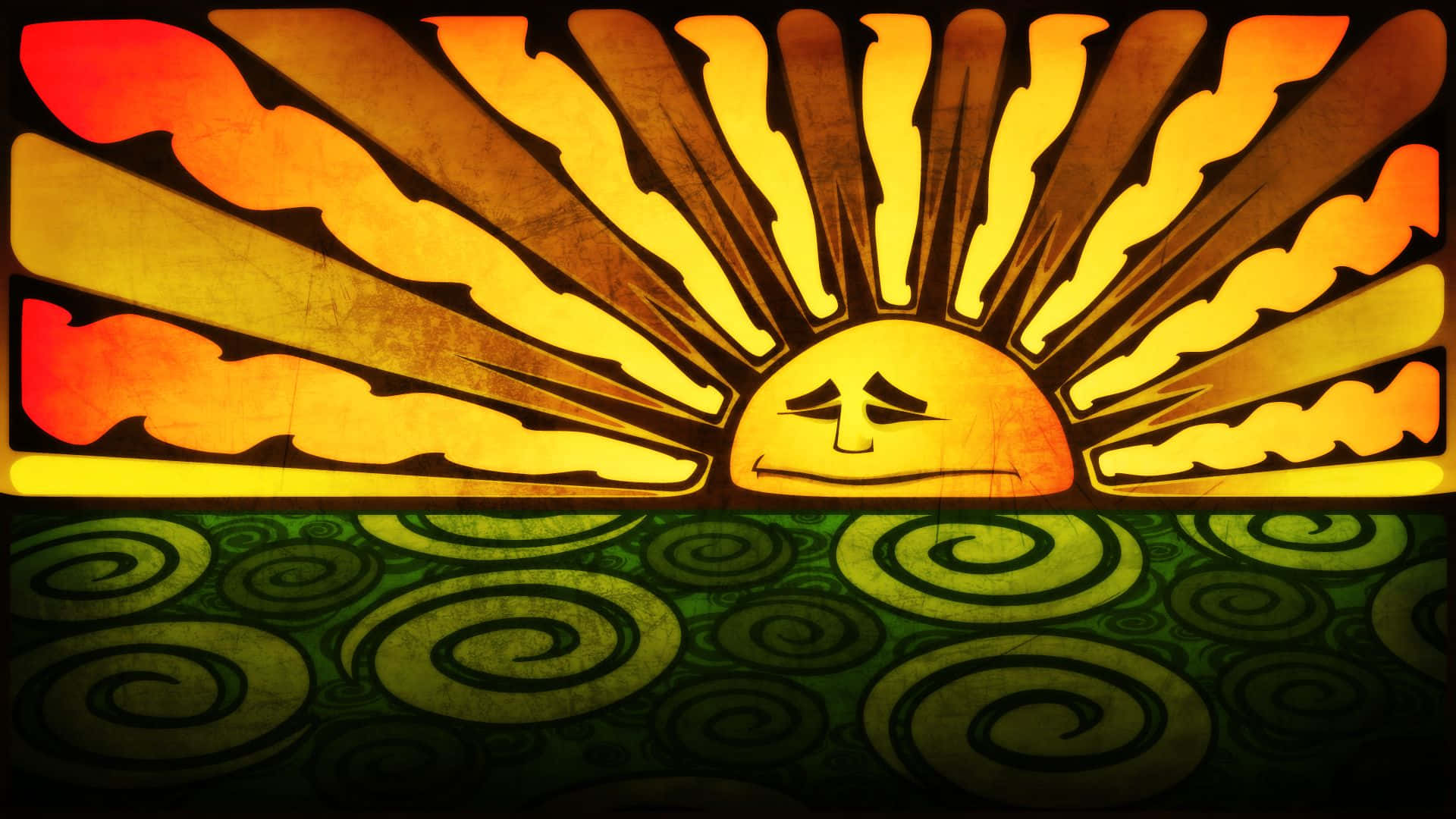 迷幻太陽桌面 壁紙 — 一個風格化的太陽帶著悲傷的臉，在旋轉的綠色圖案景觀上散發出溫暖的光芒。