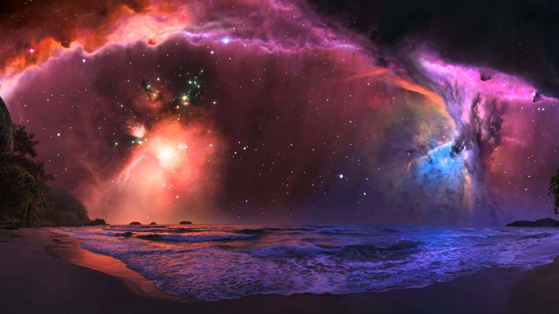 在充滿活力的宇宙星雲下的海灘，有發光的星星和多彩的雲朵。