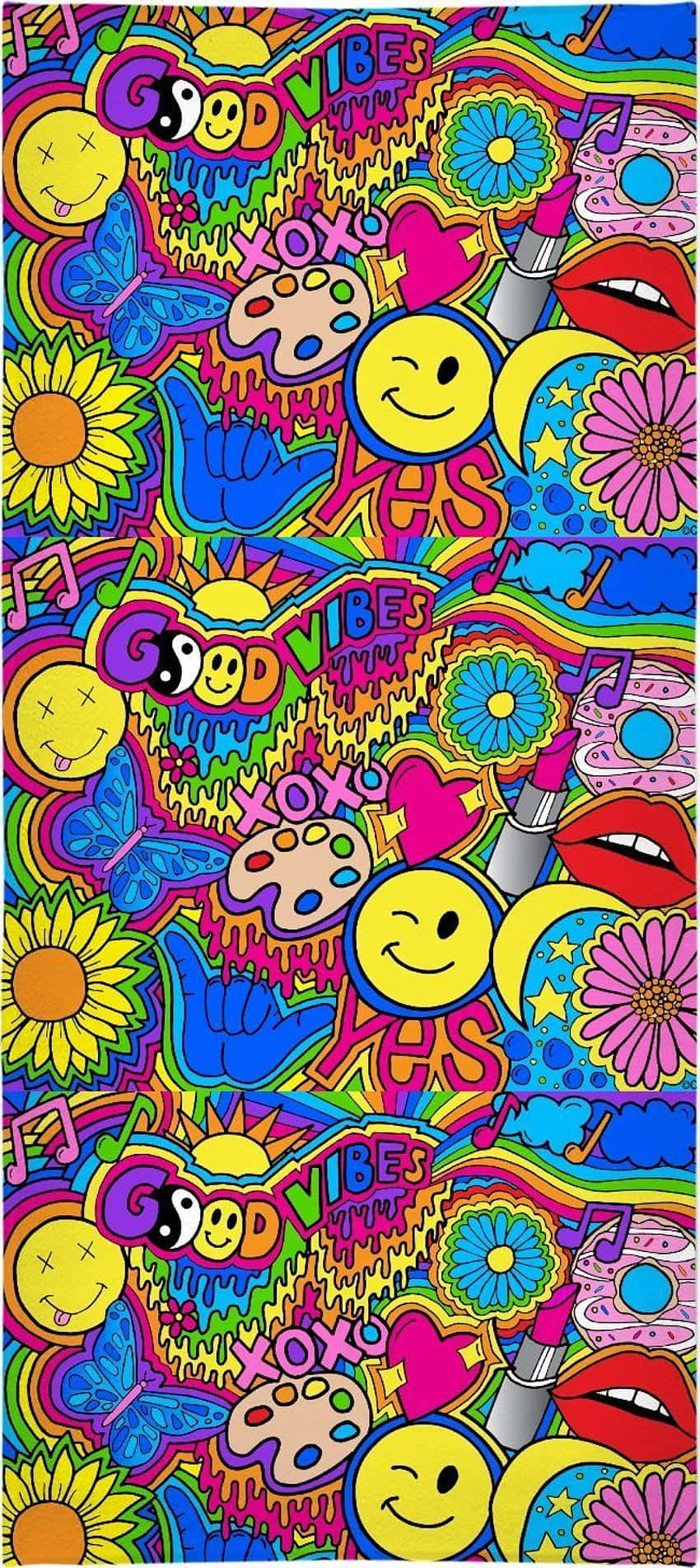 色彩繽紛的圖形壁紙，帶有笑臉、花朵和「good vibes」文字。