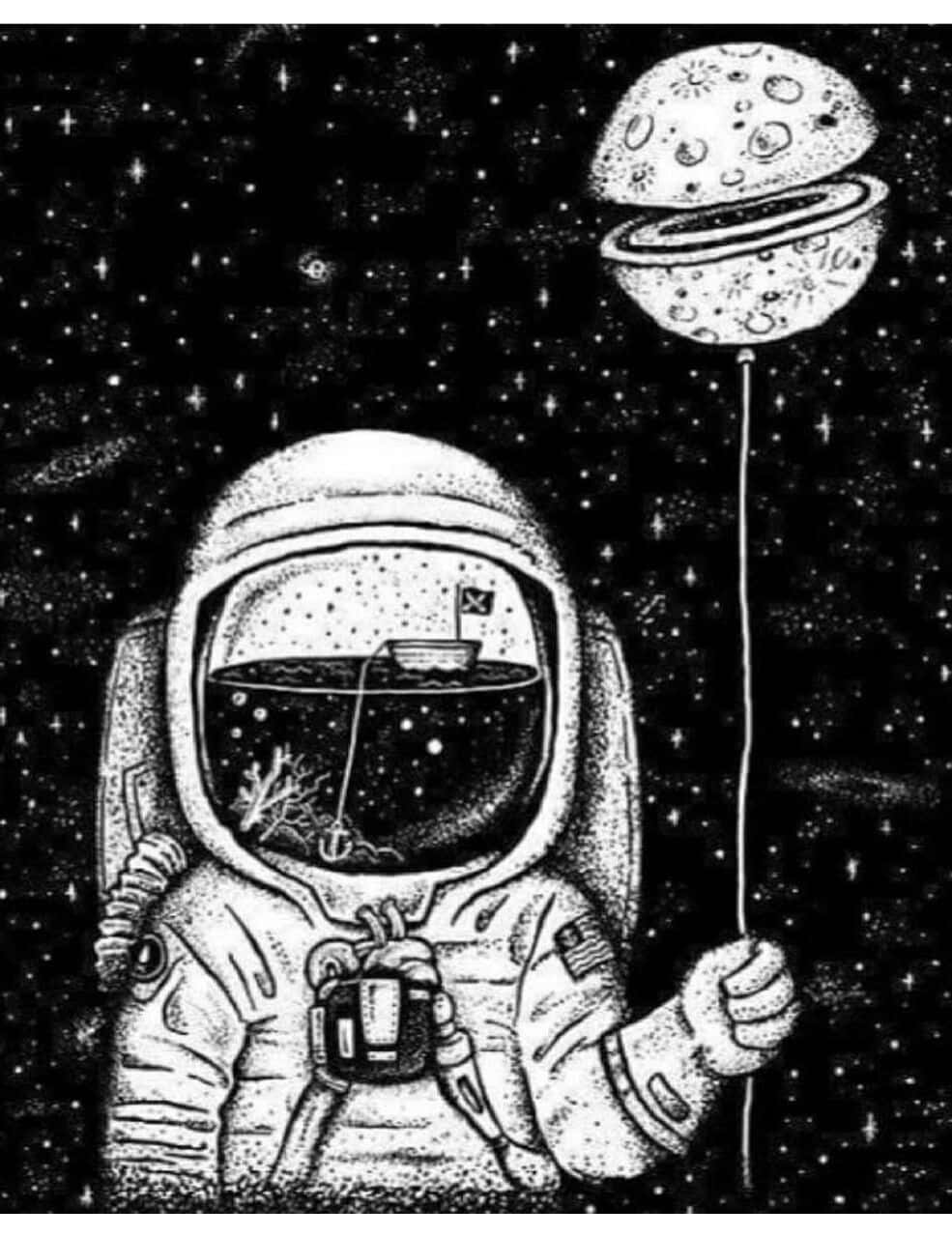 太空人手持月亮氣球，頭盔面罩內可見小船，背景是星空。