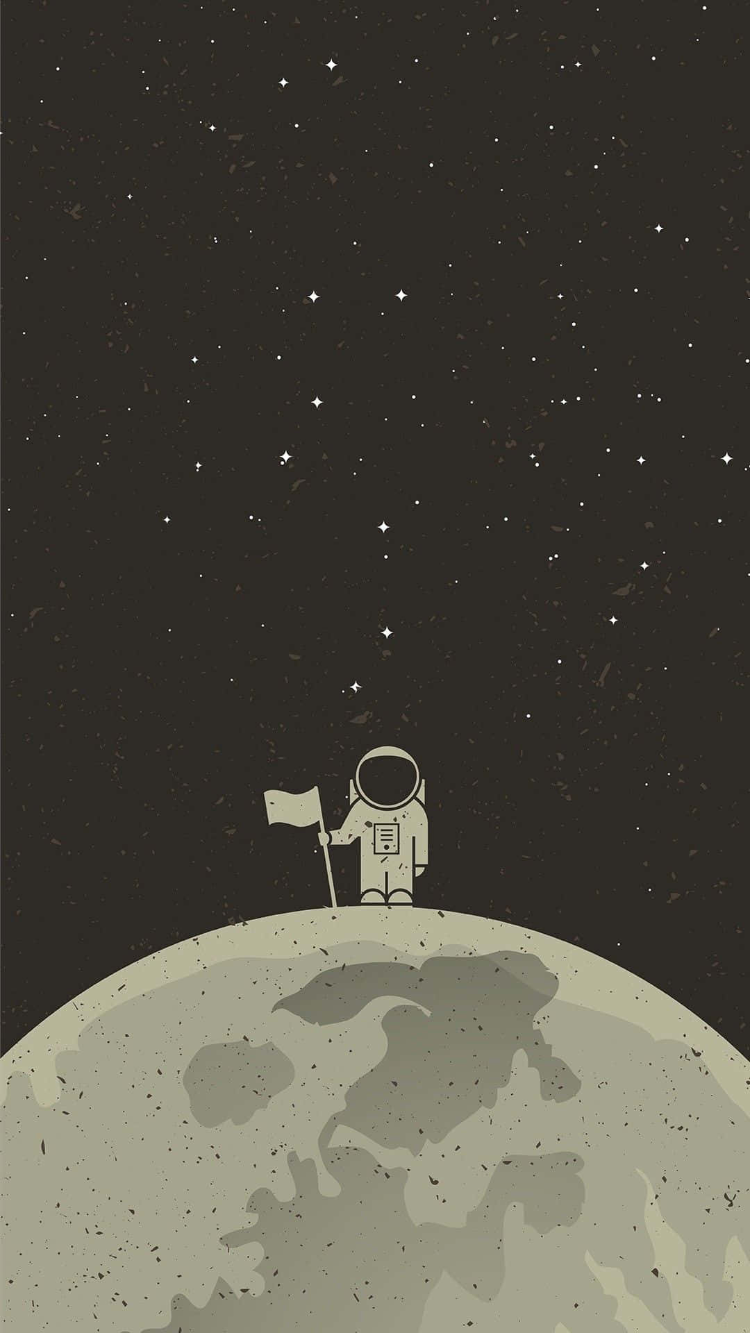 孤獨的太空人在月球上於星空下插旗。