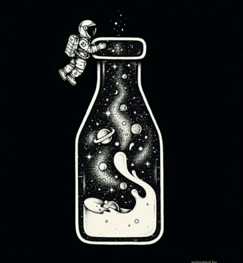 太空人漂浮在一個裝有包含行星和恆星的微型宇宙的瓶子旁邊。