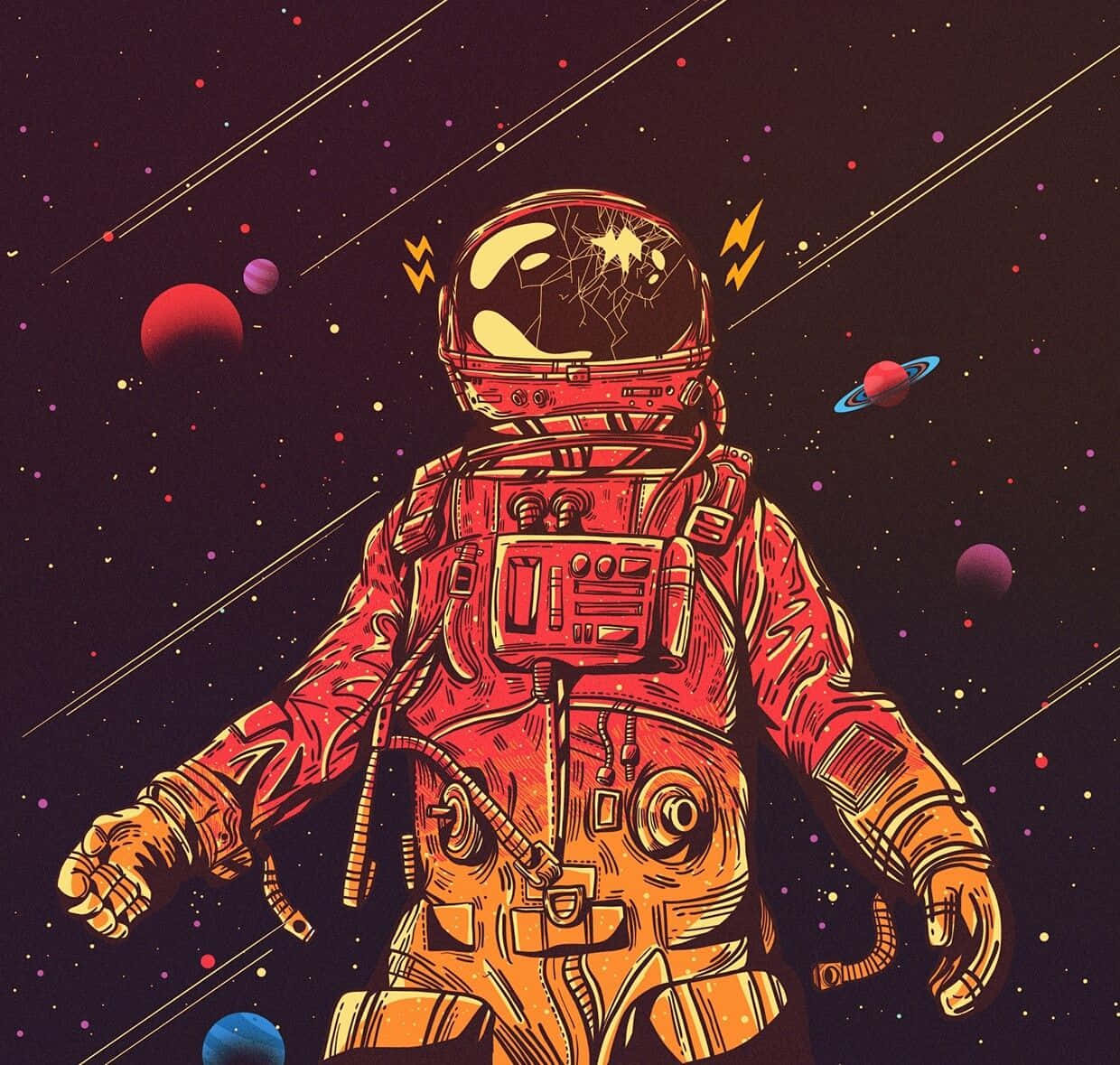 身穿紅色太空衣的太空人漂浮在色彩繽紛的行星和星星之間。