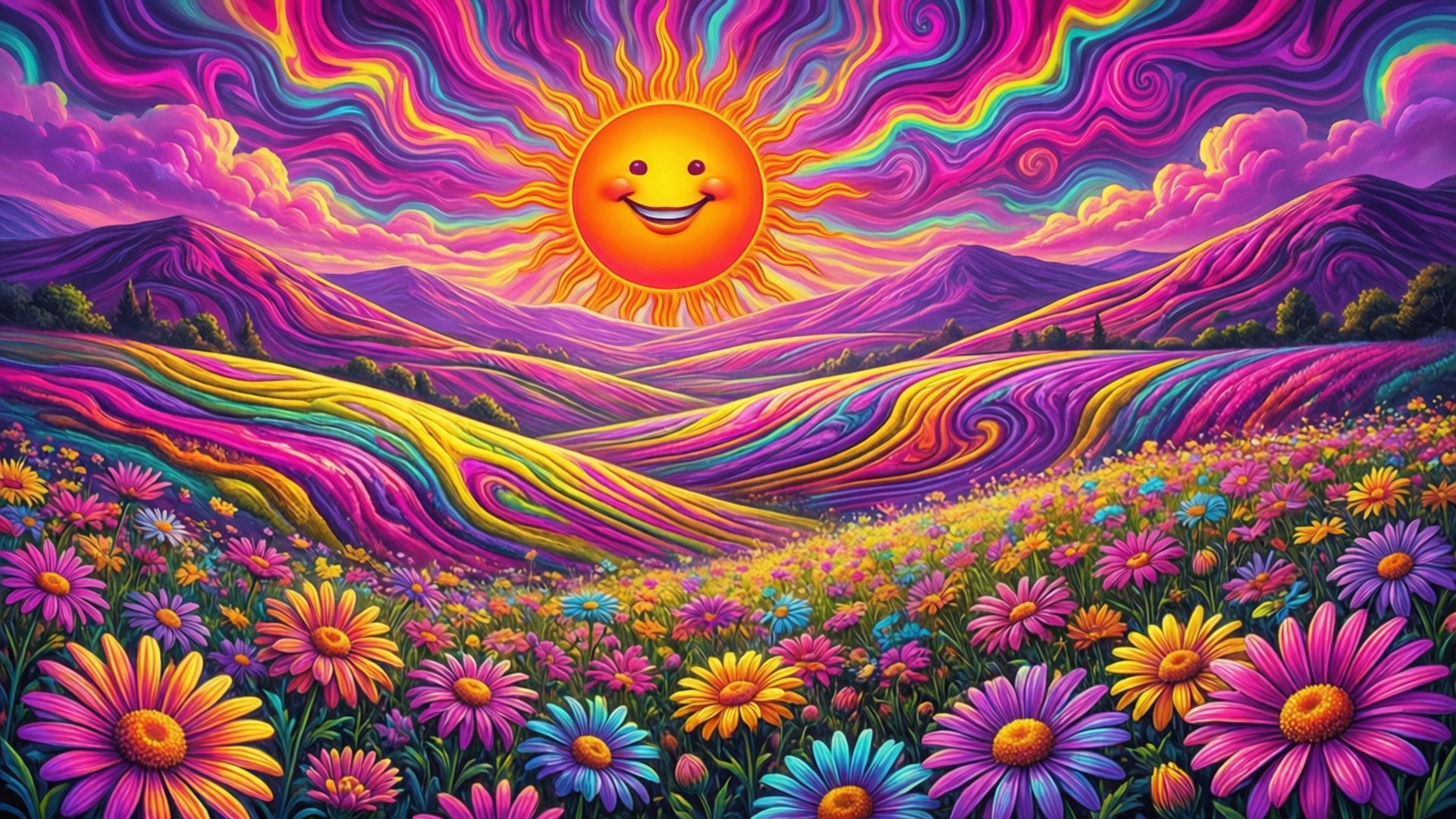 迷幻山丘與雛菊田 壁紙 — 一個微笑的太陽在迷幻的天空下照耀著旋轉的彩虹山丘和一片色彩繽紛的雛菊田。