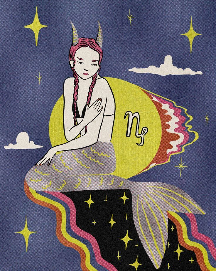 迷幻巨蟹座藝術 壁紙 — 一個風格化的美人魚，有粉紅色辮子和角，坐在帶有星座標記的彎月上，周圍環繞著星星和雲朵，背景是深藍色的夜空。