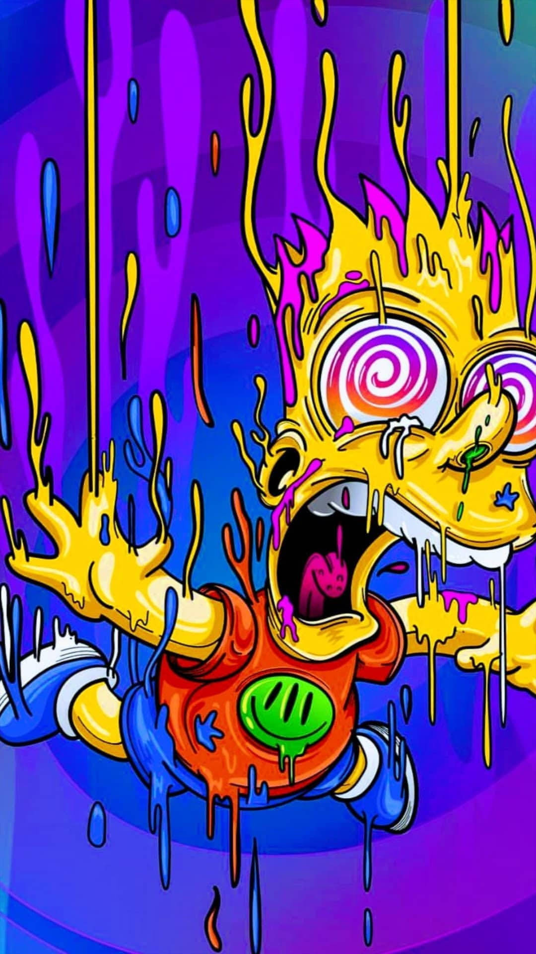 迷幻巴特·辛普森藝術 壁紙 — 一個卡通角色，擁有螺旋眼睛和融化的黃色油漆滴，背景是充滿活力的紫色。