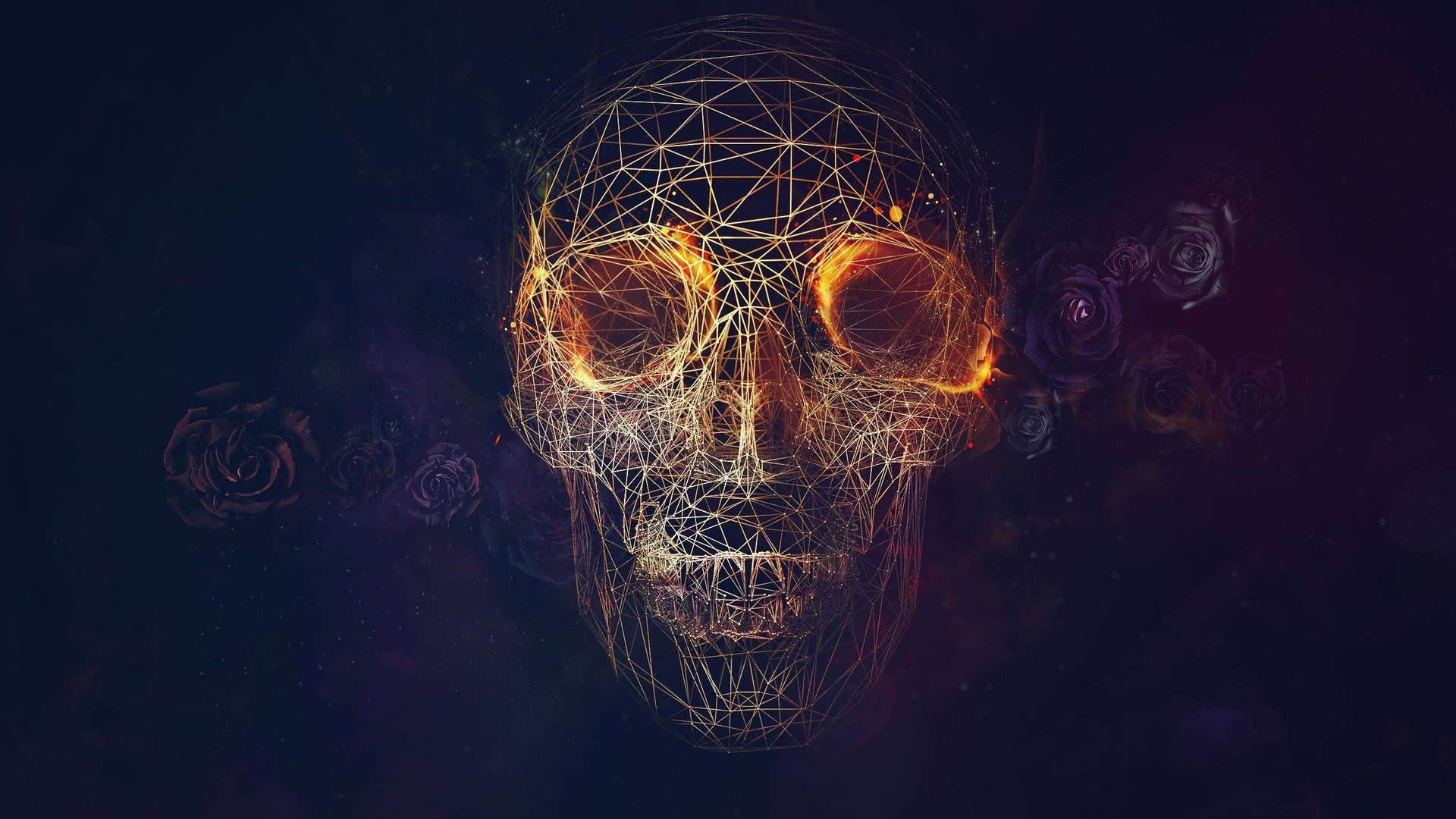 發光的線框骷髏頭，帶有火熱的眼睛，在太空中被黑暗玫瑰包圍。