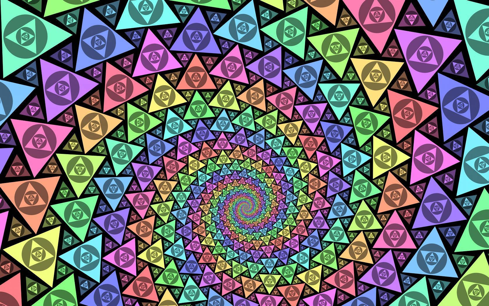 鮮豔的幾何螺旋由彩色三角形組成，產生催眠視覺效果。
