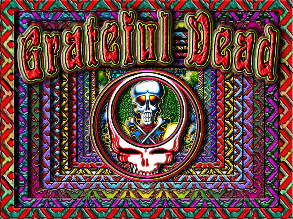 Grateful Dead 標誌，帶有骷髏頭和交叉骨頭，置於迷幻圖案框架中。