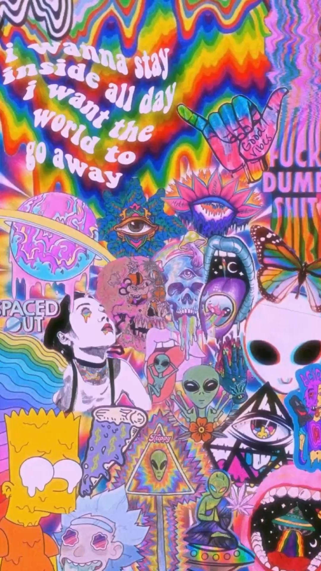 迷幻拼貼畫，包含外星人、骷髏頭、卡通角色和彩虹漩渦，附有文字。