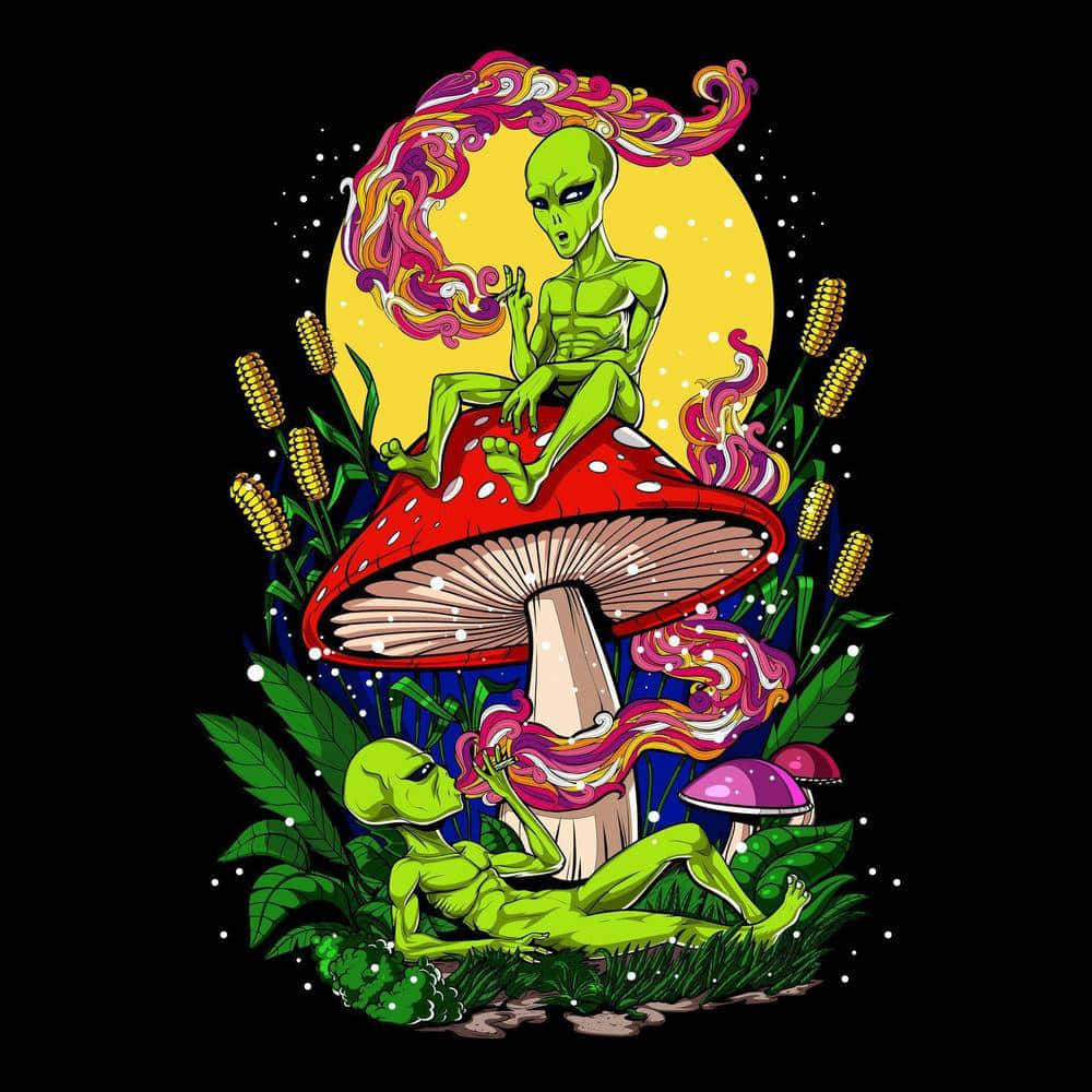 迷幻效果下色彩繽紛的蘑菇展覽 壁紙 — 兩個綠色外星人喺巨型蘑菇上放鬆，下面係一個有旋轉頭髮同粟米稈嘅迷幻月亮。