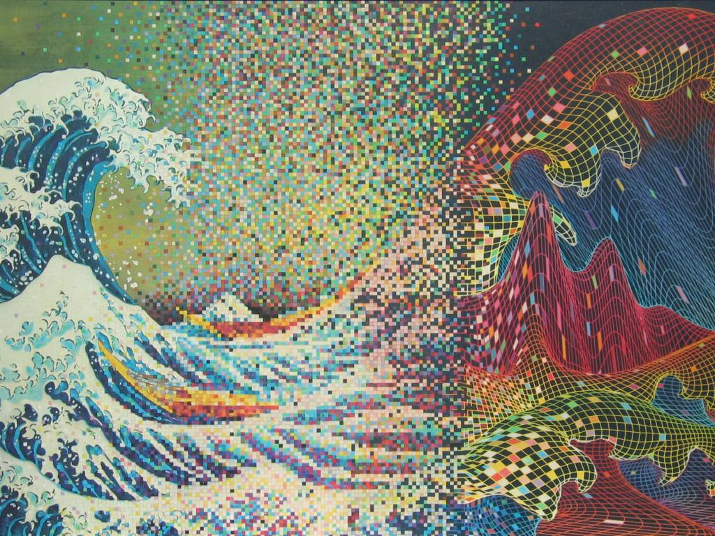 迷幻日式浪花 壁紙 — 超現實數碼藝術浪潮融合傳統日本浮世繪風格與故障像素及線框網格圖案。