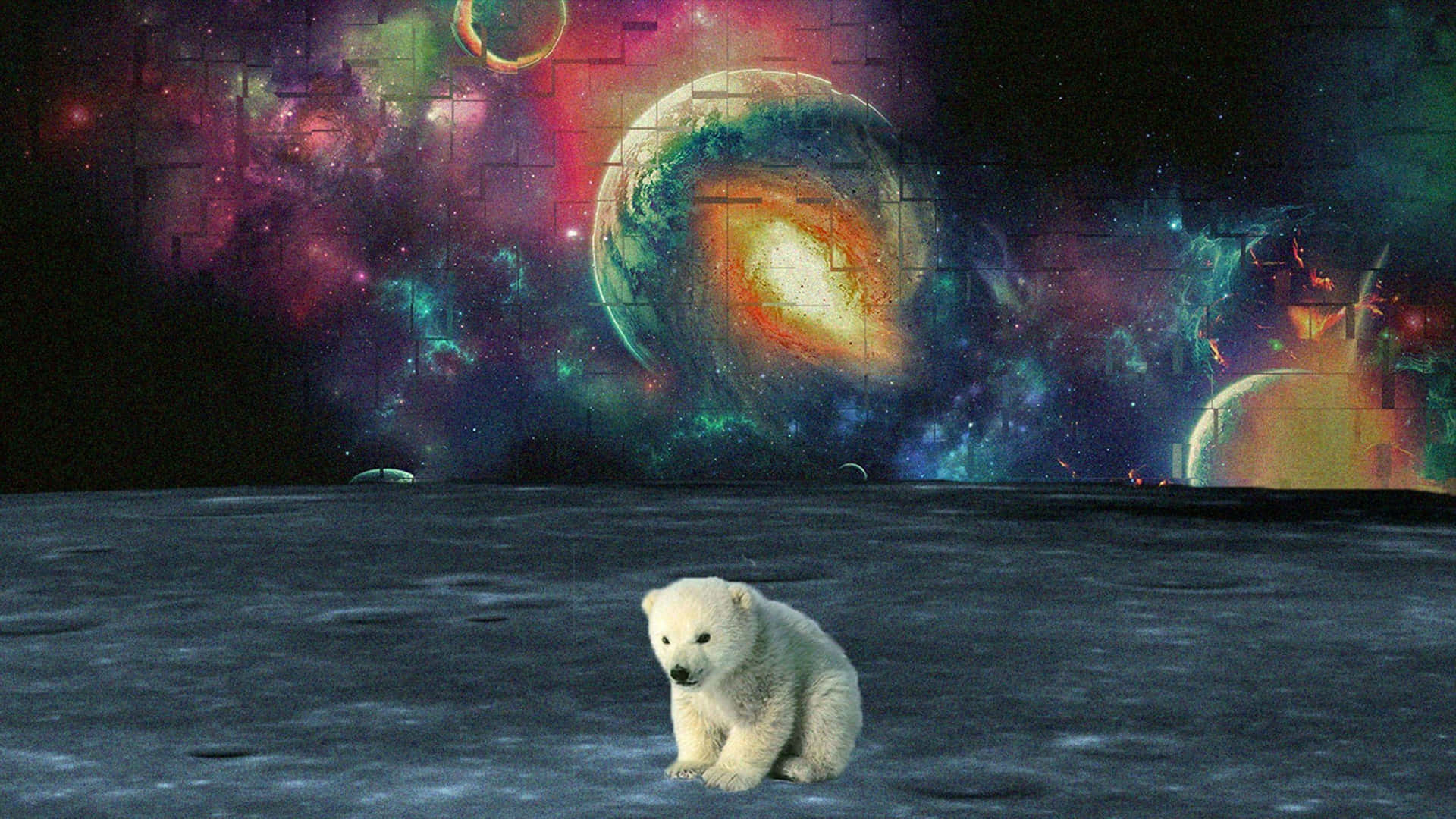 一隻小北極熊在荒蕪的月球表面上，面向色彩繽紛的宇宙天空。
