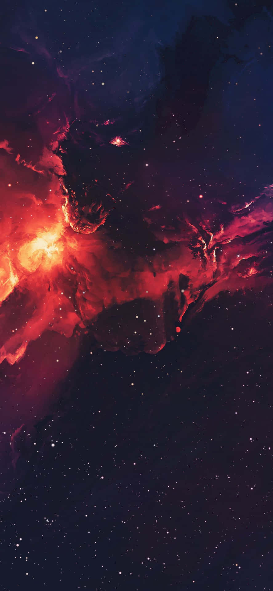 在深邃太空中，無數星辰間閃耀著火紅與紫色的星雲。