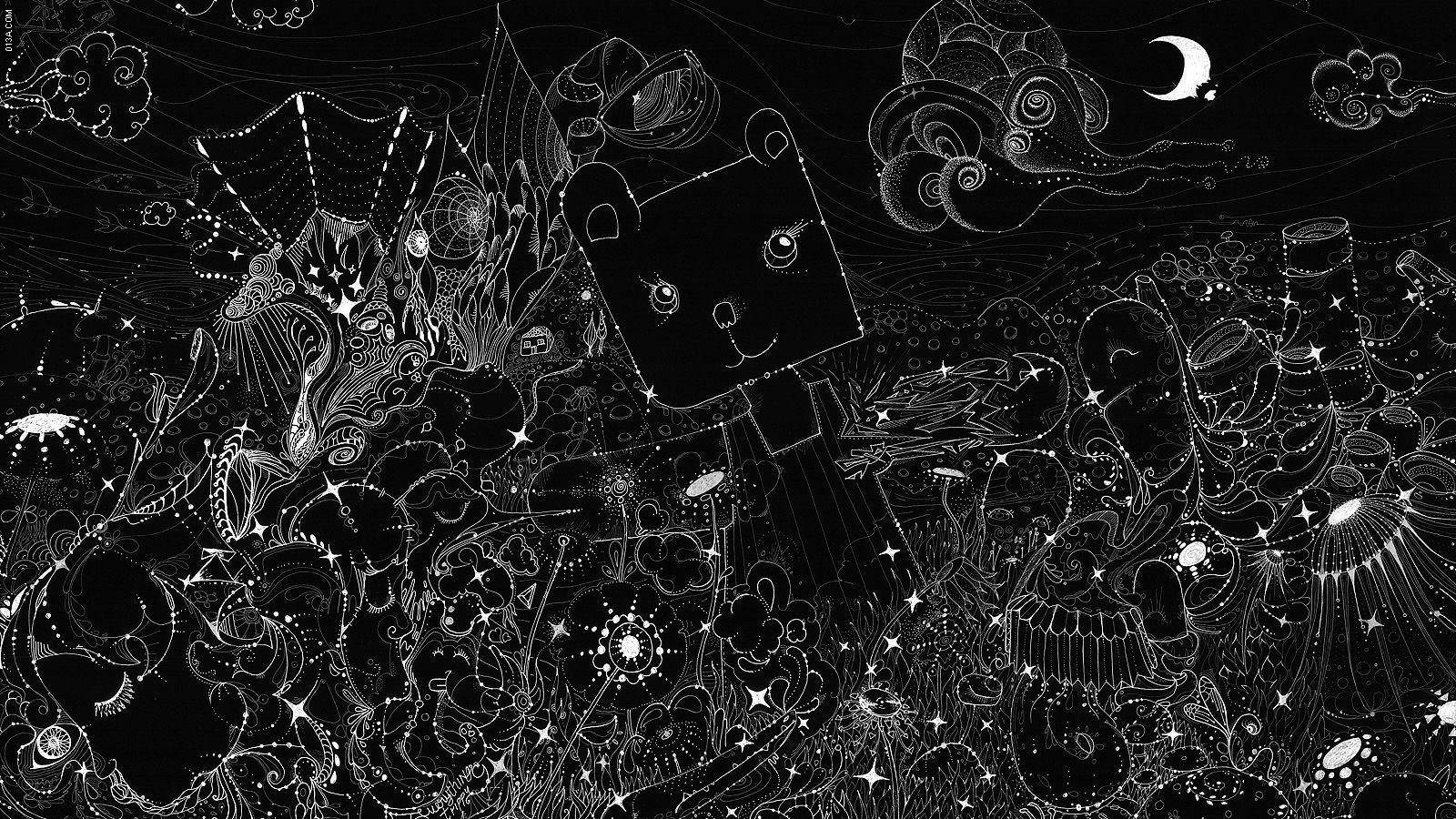 迷幻暗黑塗鴉 壁紙 — 一幅異想天開的黑白插圖，描繪了一隻微笑的方塊熊，身處新月下旋轉的宇宙圖案和星星之中。