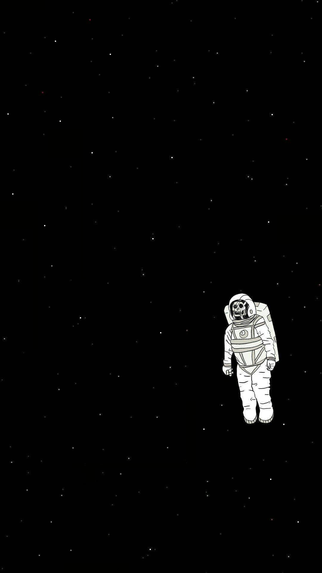 迷幻暗黑太空人側立 壁紙 — 一名孤獨的太空人在星空中漂浮於深空，以鮮明的黑白線條藝術呈現。