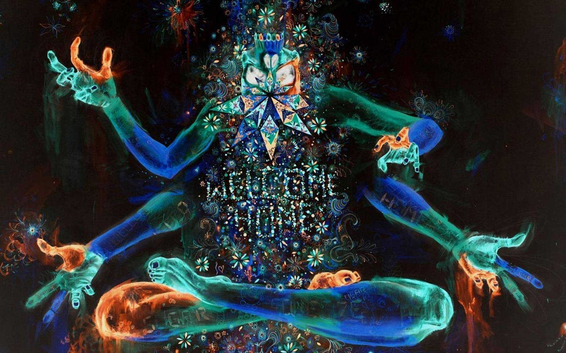 一個在黑暗背景下帶有花卉圖案的發光抽象人物。 — 迷幻暗黑風格 壁紙