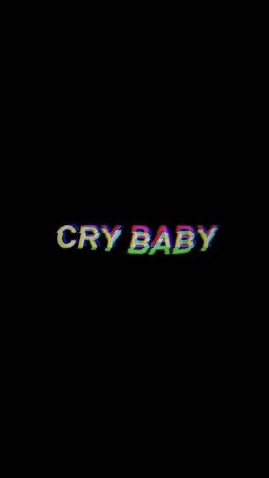 喺黑色背景上寫住 cry baby 嘅 glitchy 彩虹文字