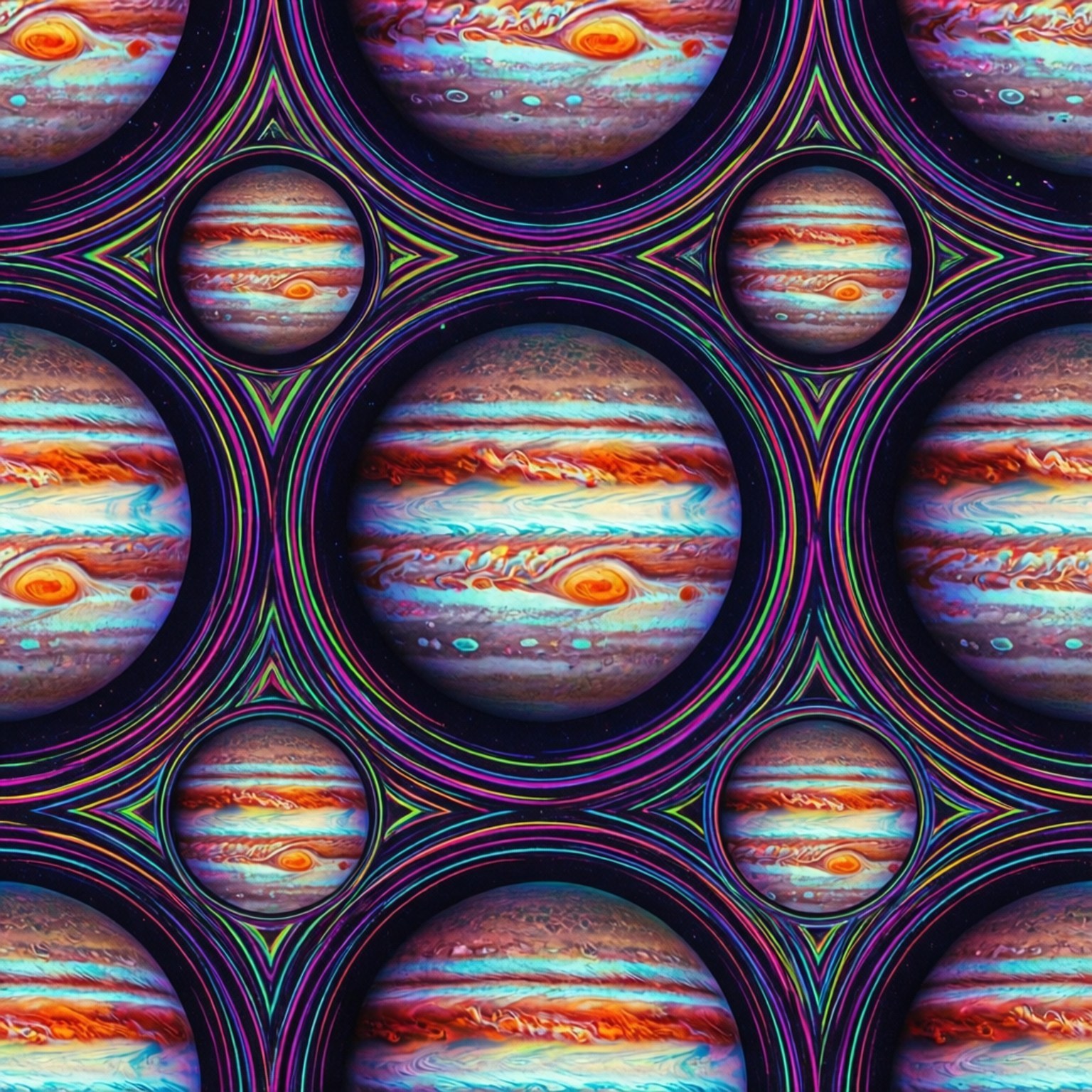 重複幾何圖案中的木星行星，帶有霓虹發光邊框