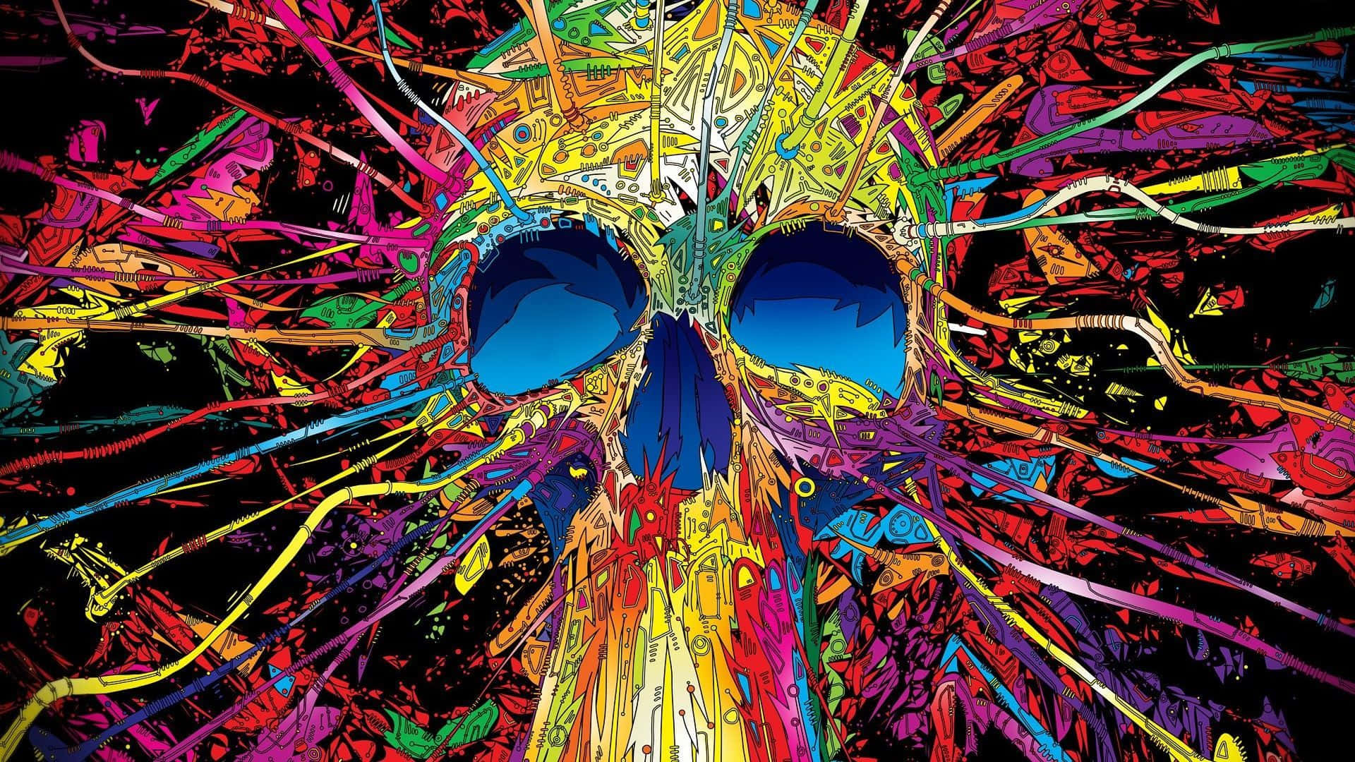 迷幻桌面骷髏 壁紙 — 一個充滿活力的數碼藝術頭骨，帶有電光藍色眼窩，以及爆炸性的多色線條在黑色背景上向外輻射。