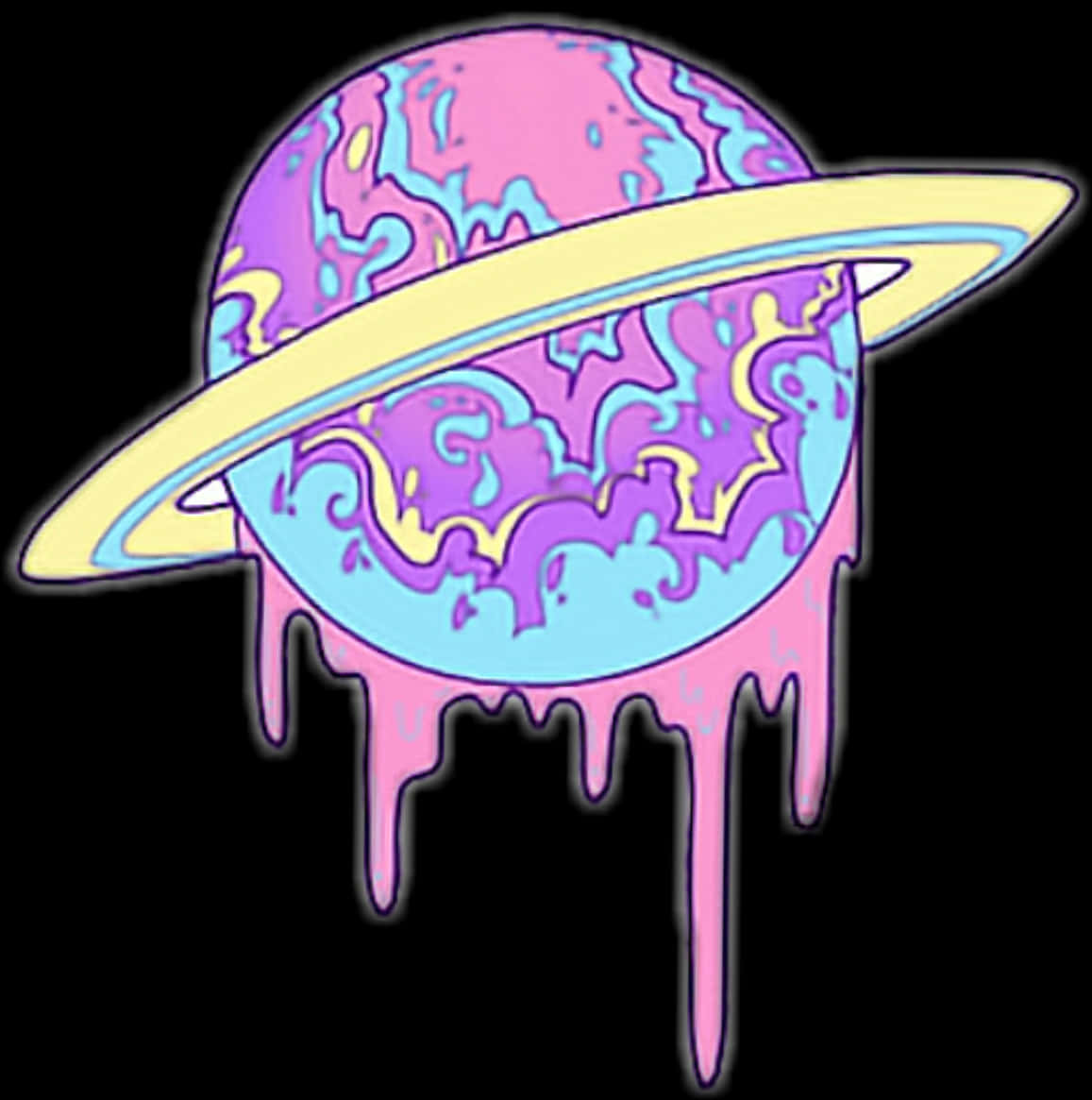 迷幻滴落土星藝術 壁紙 — 一顆迷幻星球，帶有旋轉的粉紅色和藍色圖案，在黑色背景上滴落霓虹粉紅色油漆。