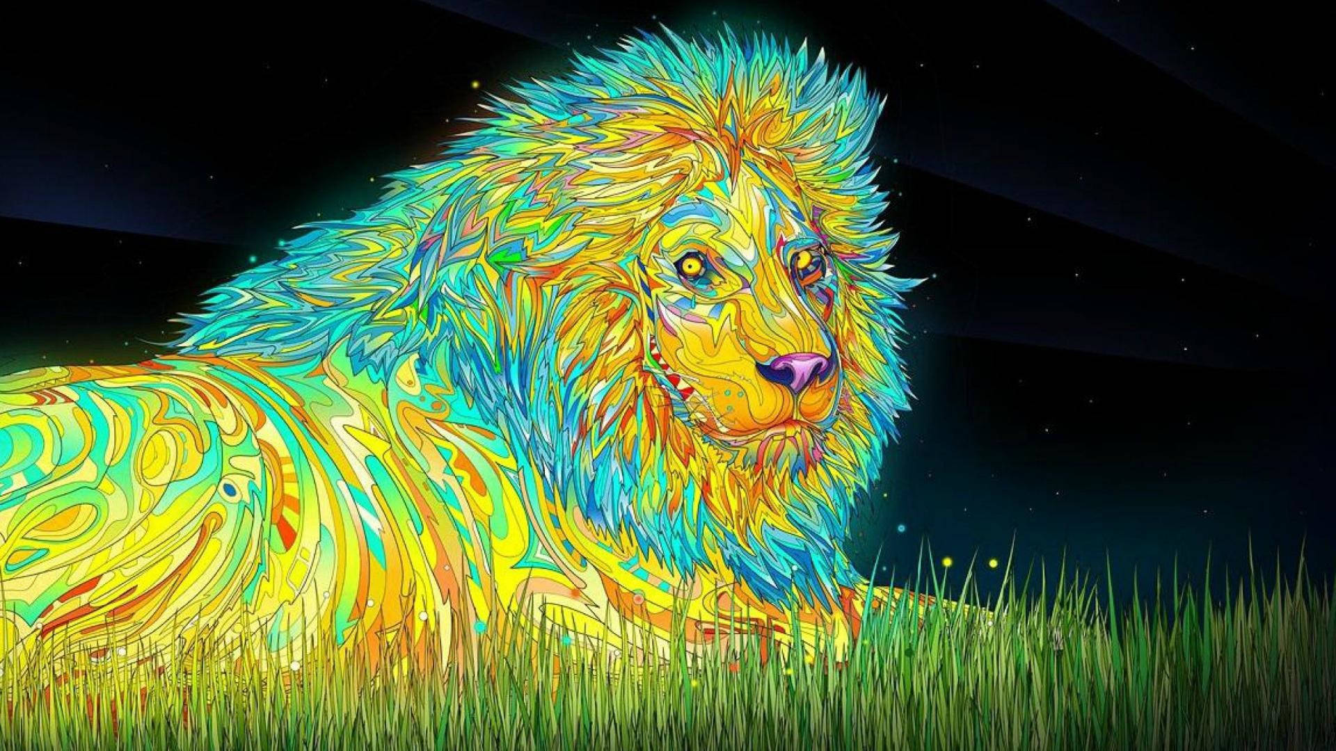 一隻風格化的獅子，帶有發光的毛髮，躺在星空下的草地上。