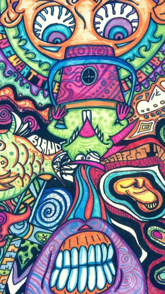迷幻美學 iPhone SE 壁紙 — 充滿超現實面孔、螺旋和鮮豔色彩的迷幻插圖，營造出混亂夢幻的場景。