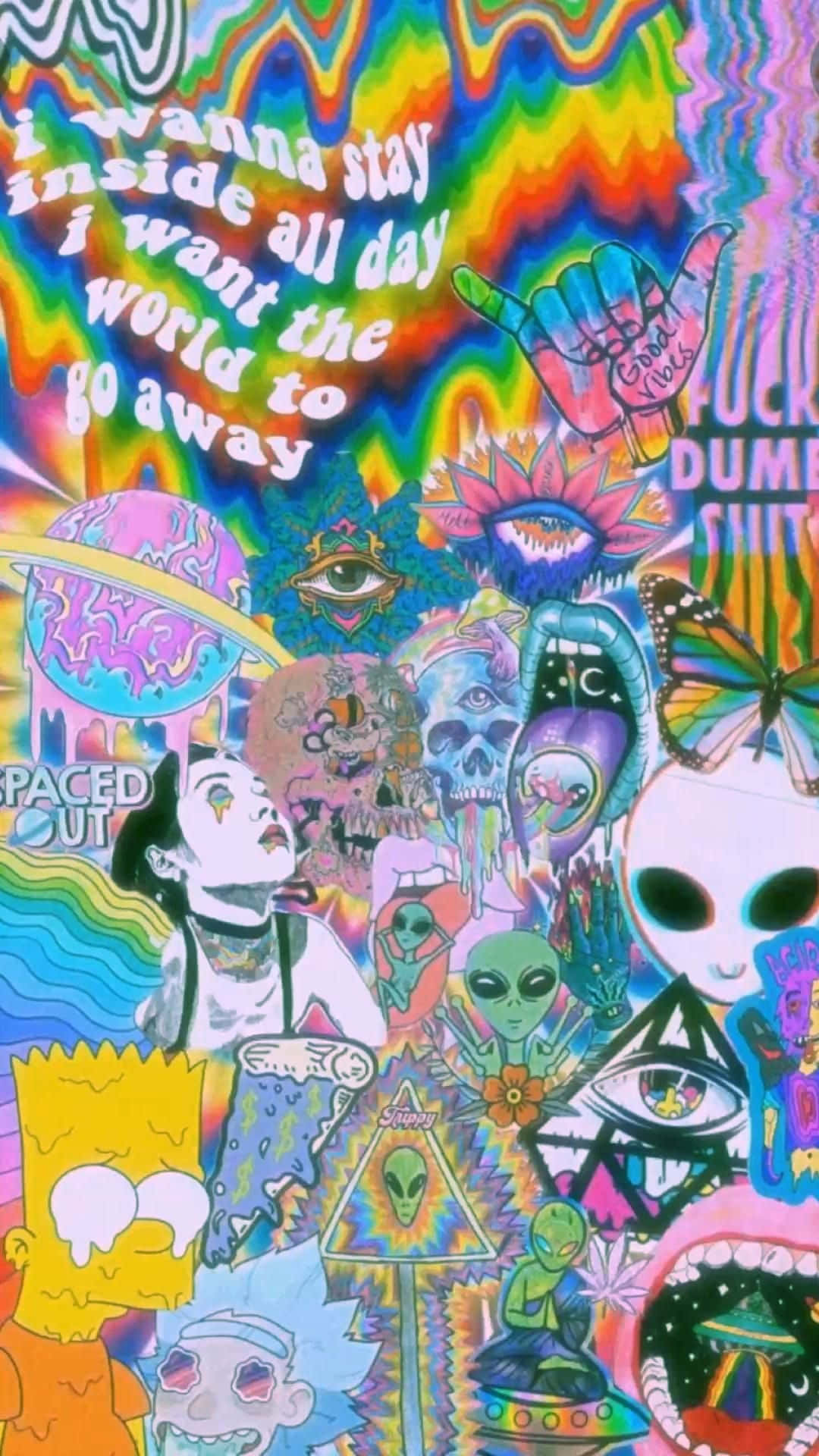 迷幻拼貼畫，包含外星人、頭骨、卡通角色和彩虹文字。